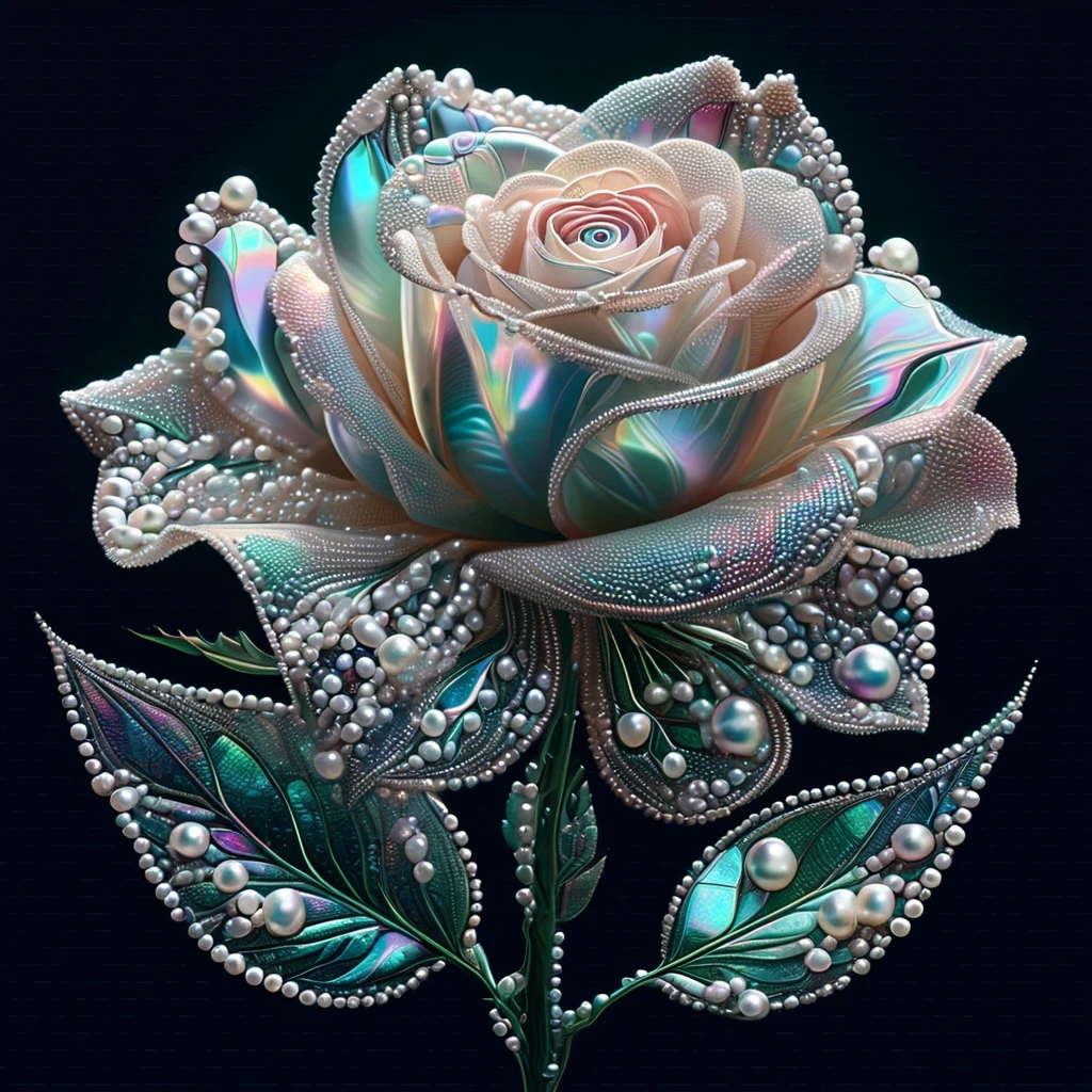 Pearlum, digitally enhanced rose, iridescent sheen, rainbow colors, petals, adorned with pearls, varying sizes, ornamental, luxurious, artistic, floral beauty, natural elements, opulence, high resolution, digital art, visual aesthetics, contemporary design, vibrant colors, reflective surfaces, artistic composition, high contrast, elegant, intricate detailing, modern, futuristic. <lora:Pearlum_World_Morph:1>