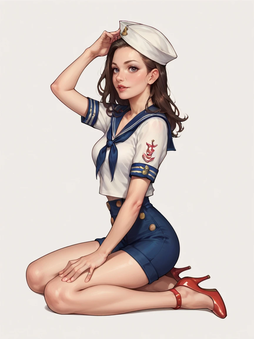 score_9, score_8_up, score_7_up, score_6_up, score_5_up, <lora:s41l0rXLP:0.7> s41l0r, dixie cap hat, hat, sailor, sailor collar, shirt, solo, 1girl, shorts, high heels,