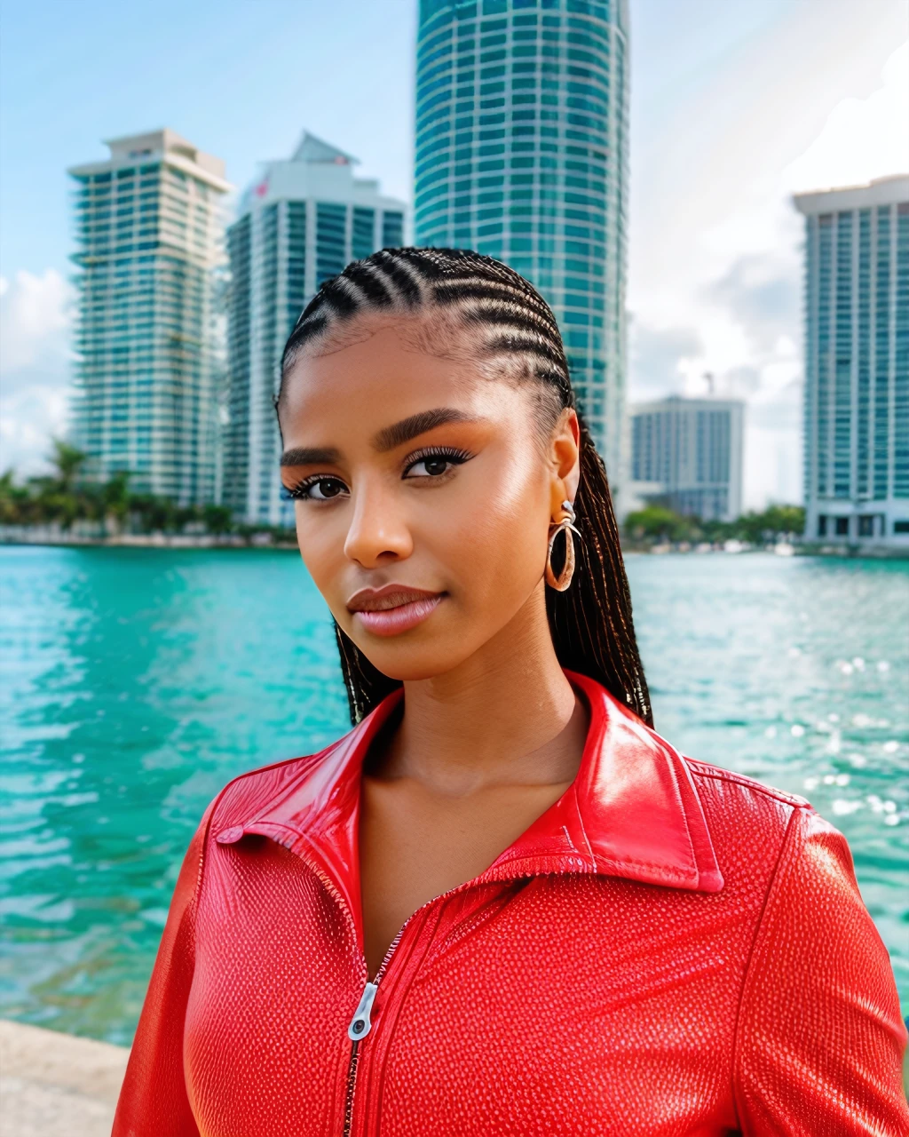 tylasa, professional portrait of 1girl in a fishnet jacket, lip gloss, lips, youthful, pretty face, earrings, face details, looking at viewer, lips parted (Miami background), sharp focus