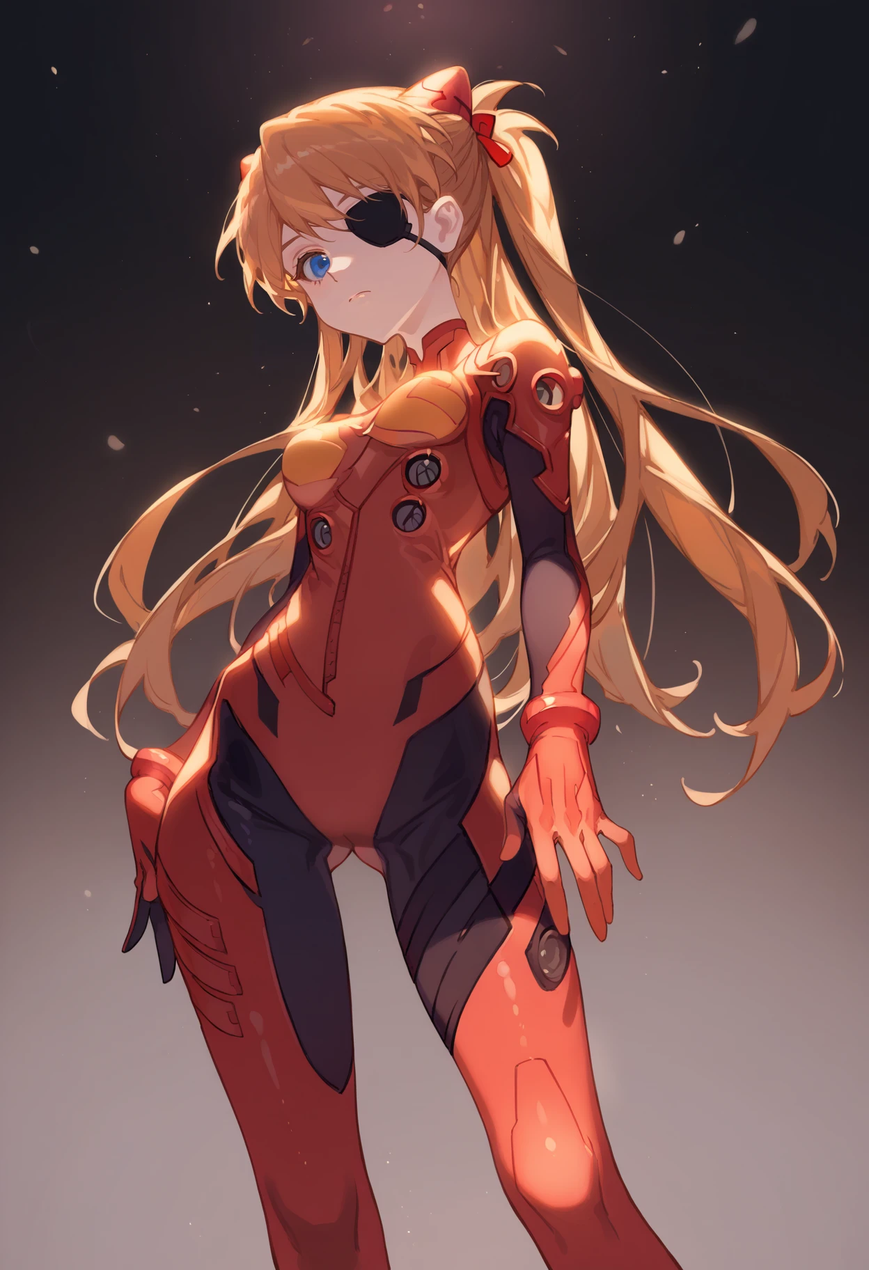 score_9, uncensored, source_anime
BREAK
souryuu asuka langley, 1girl, blue eyes, brown hair, closed mouth, clothing cutout, dark background, eyepatch, feet out of frame, hair ornament, long hair, looking at viewer, looking down, plugsuit, solo, standing, thigh gap, very long hair
<lora:ciloranko_pony_v3:1>