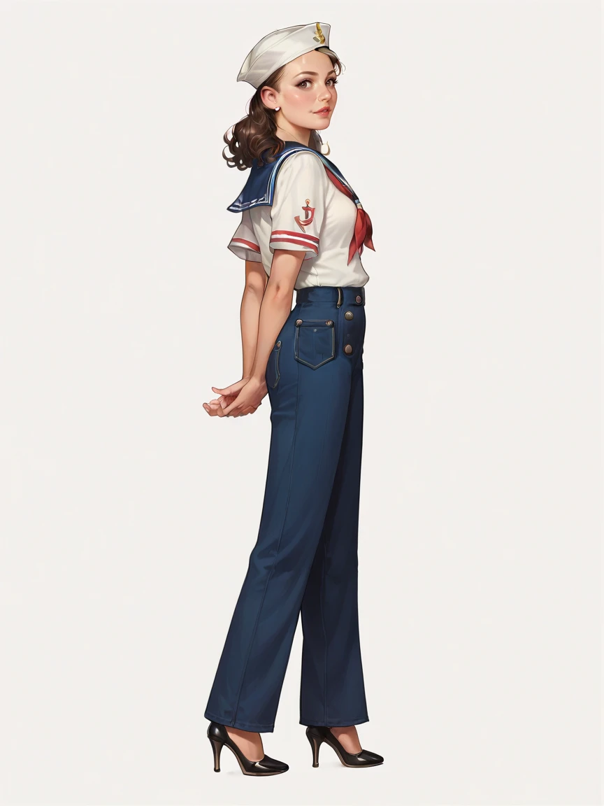 score_9, score_8_up, score_7_up, score_6_up, score_5_up, <lora:s41l0rXLP:0.7> s41l0r, dixie cap hat, hat, sailor, sailor collar, pants, shirt, solo, 1girl, bell-bottoms, high heels, arms behind back,