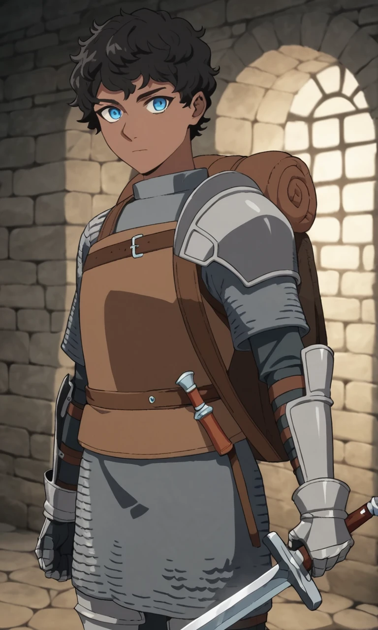 score_9, score_8_up, score_7_up, source_anime, masterpiece, best quality, lots of details, dungeon, volumetric lighting, BREAK
1boy, solo, 22 years old, femboy:0.1, adult, kabrudm, short hair, black hair, curly hair, blue eyes, dark skin, armor, chainmail, gauntlets, sheath, backpack, shoulder armor, looking at viewer, holding sword with both hands, fighting stance