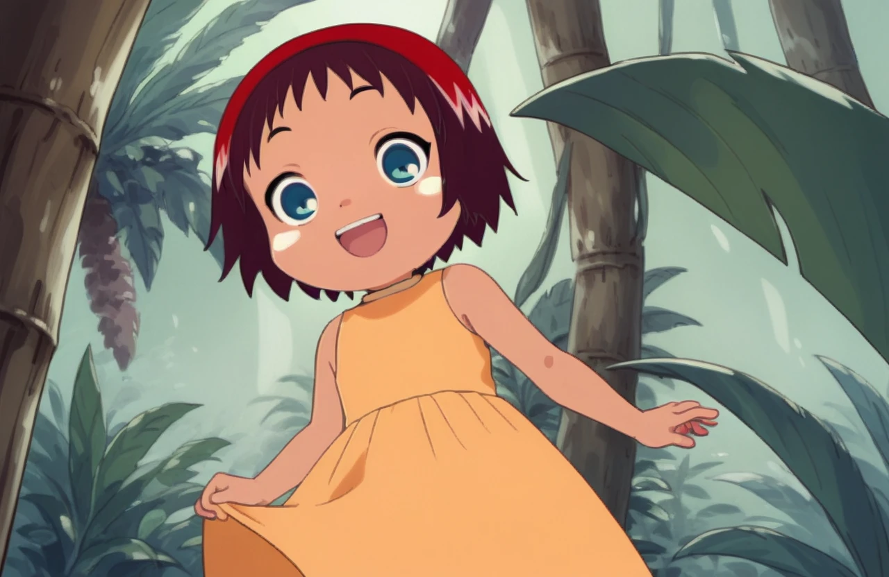 score_9, score_8_up, score_7_up, score_6_up, score_5_up, score_4_up,
<lora:JungleMarybyRR-09:1>, junglemary, tan, red hair, short hair, bangs, white blush, blue eyes, orange dress, sleeveless, child,
1girl, looking at viewer, smile, open mouth, lifted clothes, self lifted, dancing,
low angle shot, cowboy shot, outdoors, jungle,