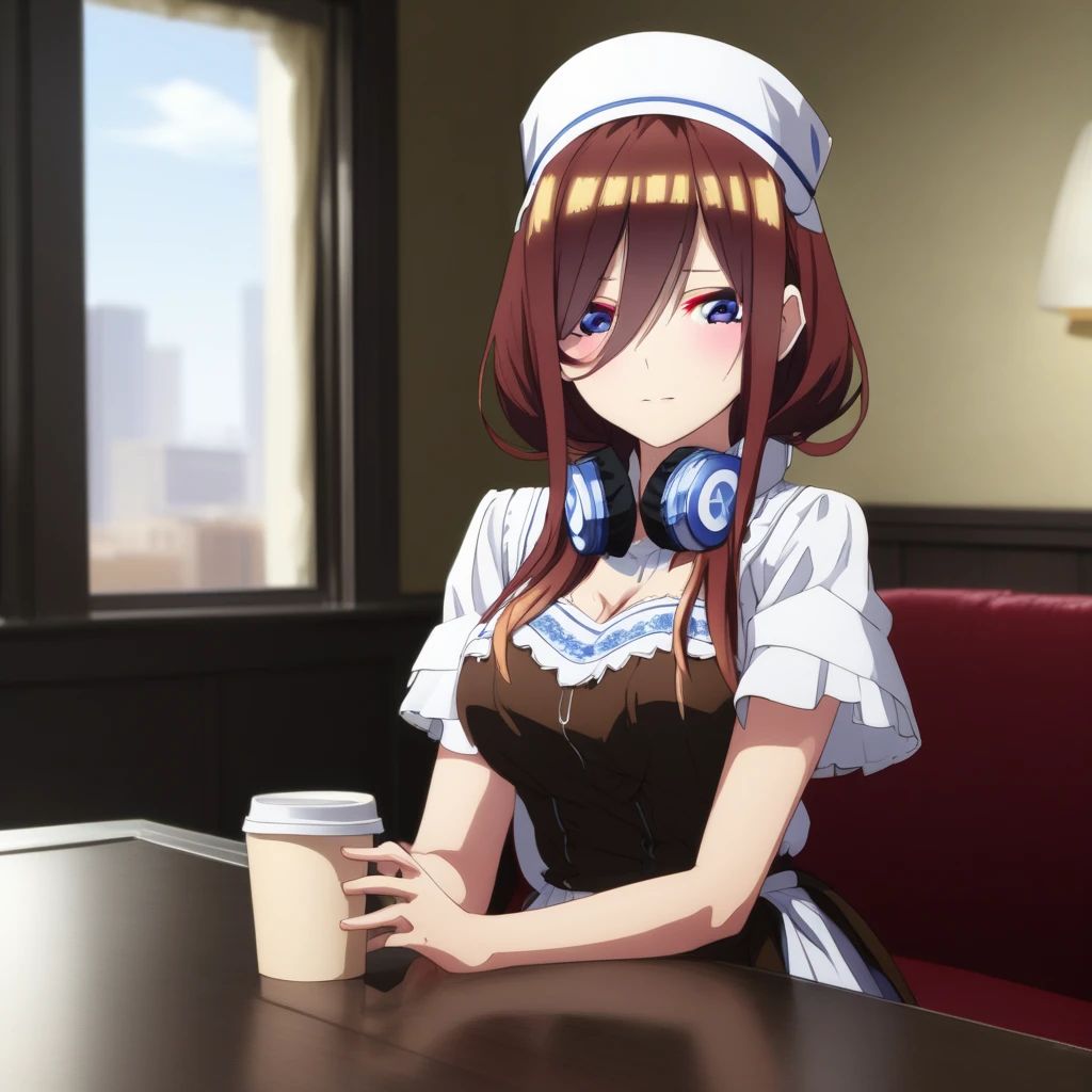 masterpiece, best quality, highres, nm1, maid, maid headdress, headphones around neck, cowboy shot, sitting, coffee, indoors,