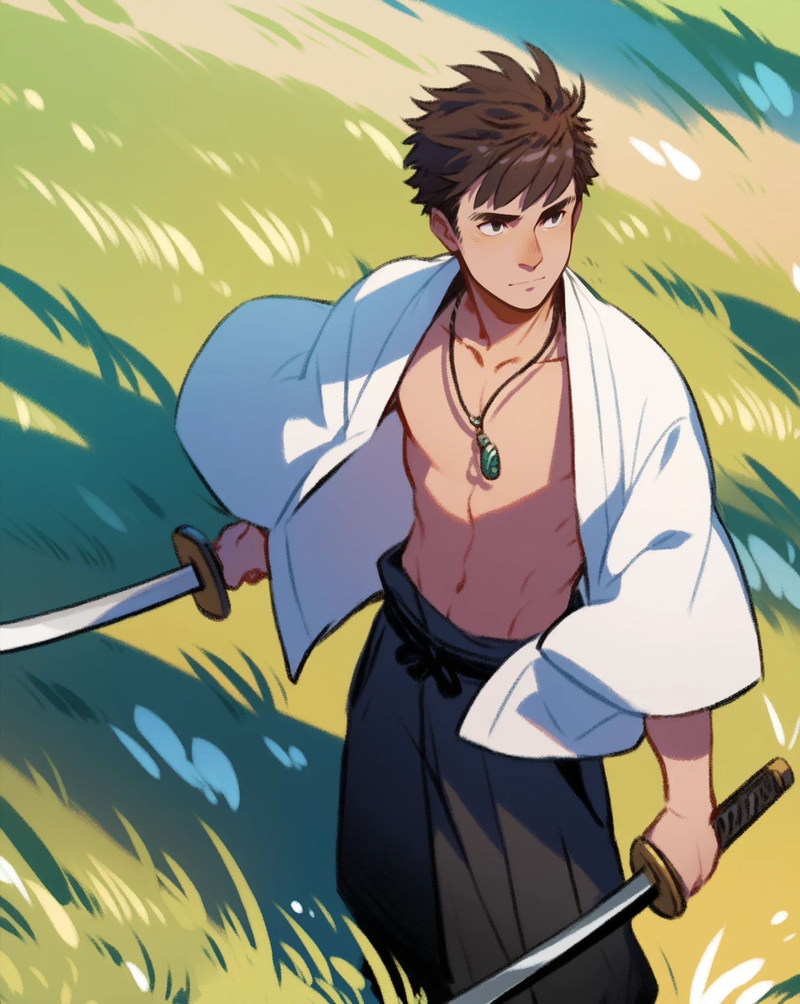 score_9, score_8_up, score_7_up, sketch, cinematic shot, 1boy, highlight, black eyes, topless, open jacket, strong wind, black pants, brown hair, closed mouth, day, side, grass, holding, Japanese clothes, outside, pants, pendant, samurai, holding sword, solo, standing, <lora:Orion:0.99>