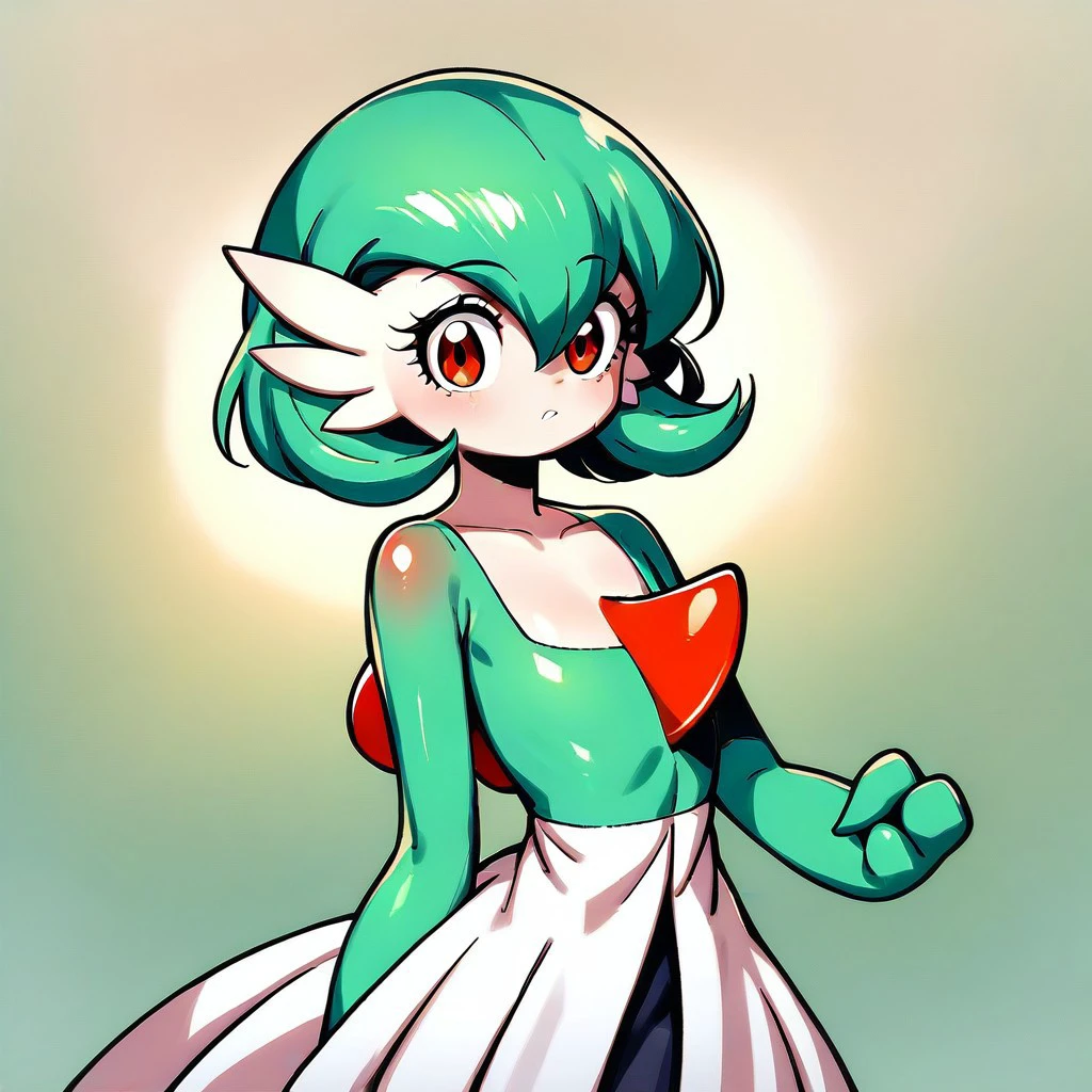 score_9,score_8_up,score_7_up,score_6_up,score_5_up,score_4_up, solo, gardevoir, green hair, short hair, hair between eyes, red eyes, dress