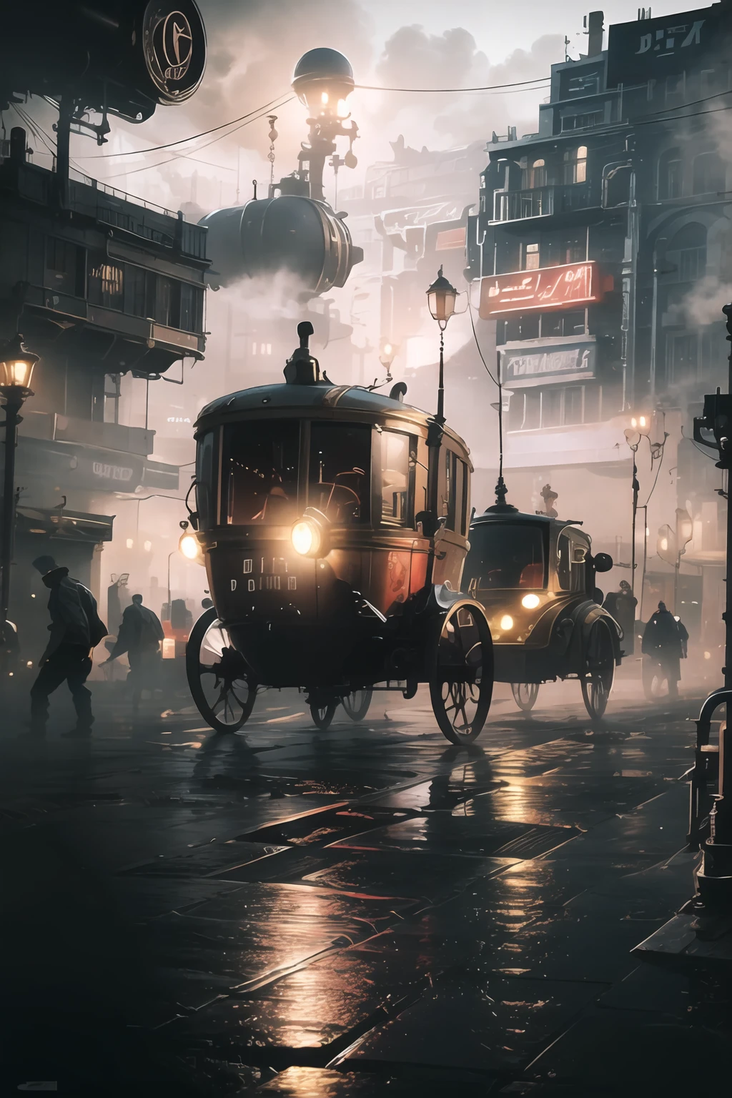 steampunk,award-winning picture,ban,science fiction,highly detailed,Cinematic Lighting,realistic,ultra-high resolutions,32K UHD,best quality,masterpiece,outdoors,street,gear,steampunk aesthetics,piping,puddle,blipper,sky,smog,,<lora:steampunk_v1.0:1>