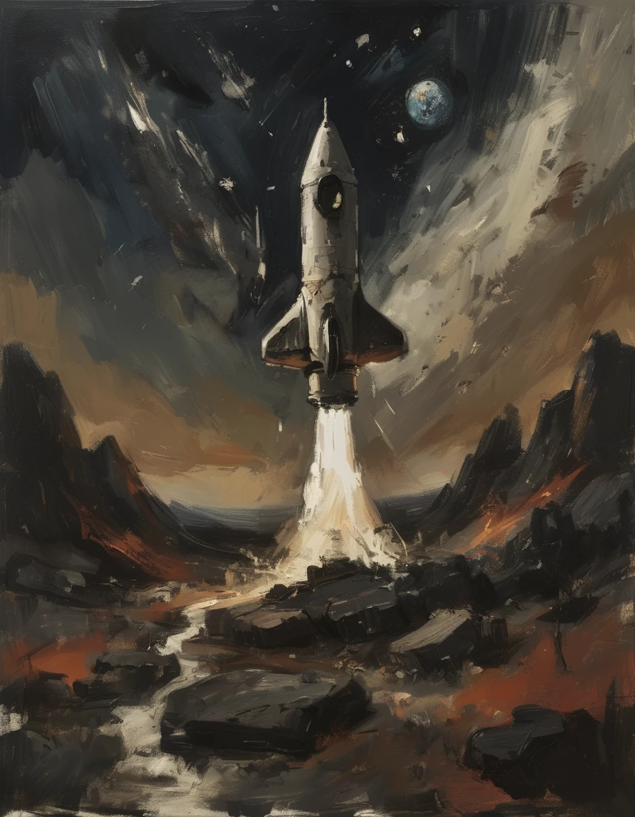 a baroque-styled rocket ship blasts off from a cold lifeless alien rocky landscape towards black space and stars