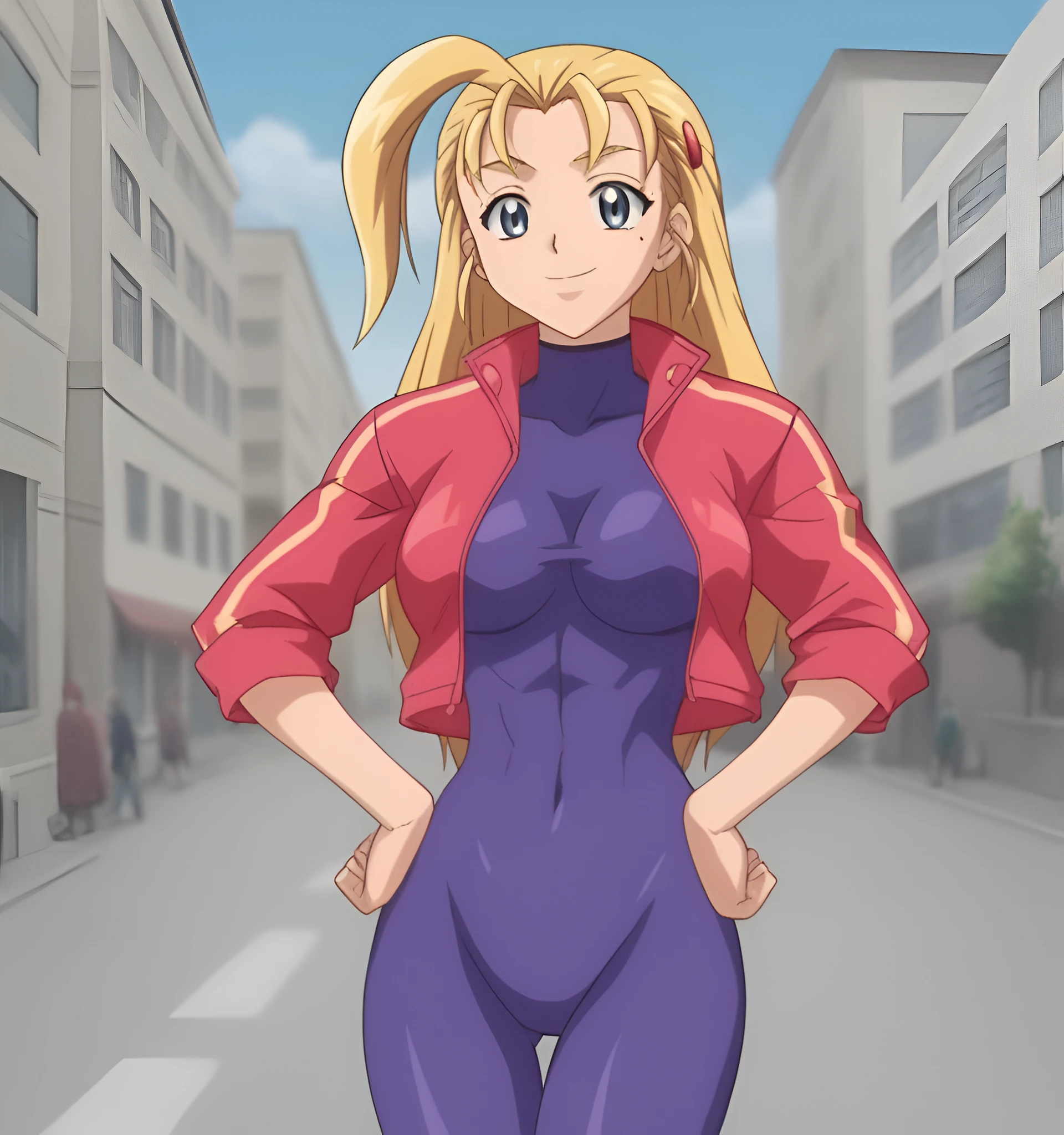 score_9, score_8_up, score_7_up, source_anime,masterpiece,best quality,highres,absurdres,official art,official style,source_anime,anime screencap,anime coloring,megami magazine,anime,animated,explicit, cowboy shot, dutch angle,   1girl, solo ,miu,  , shiny skin,  blonde hair, long hair,bangs, blue eyes, mole under right eye,  athletic sexy body, slim waist, large breasts,pink jacket, purple bodysuit, hairclips, 
city background, streets, trees, sky, cloud, outdoors
 smile, looking at viewer, ecchi, nsfw, uncesored