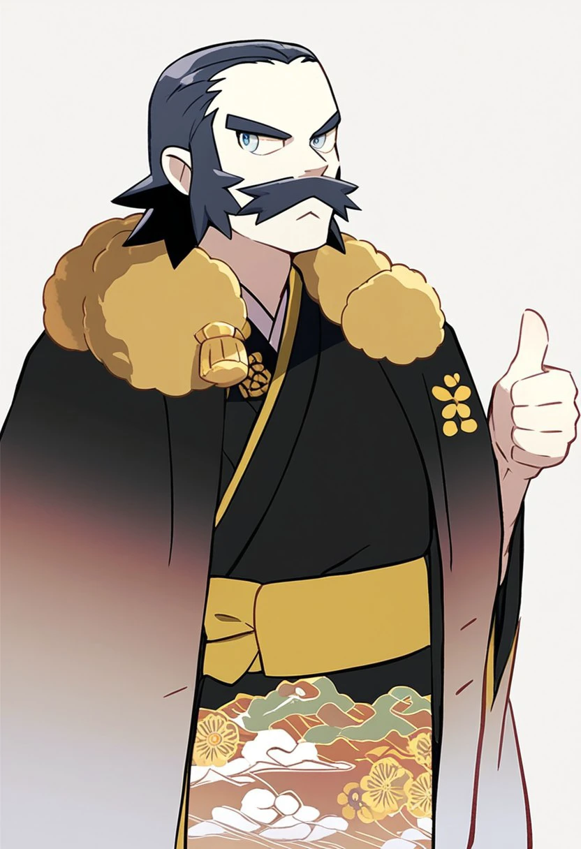 score_8_up, score_7_up, solo male, upper body, 
BREAK,
packkamado:1.3, mustache, sideburns, kimono, jacket on shoulders, cape, looking to side, thumbs up,
simple background,