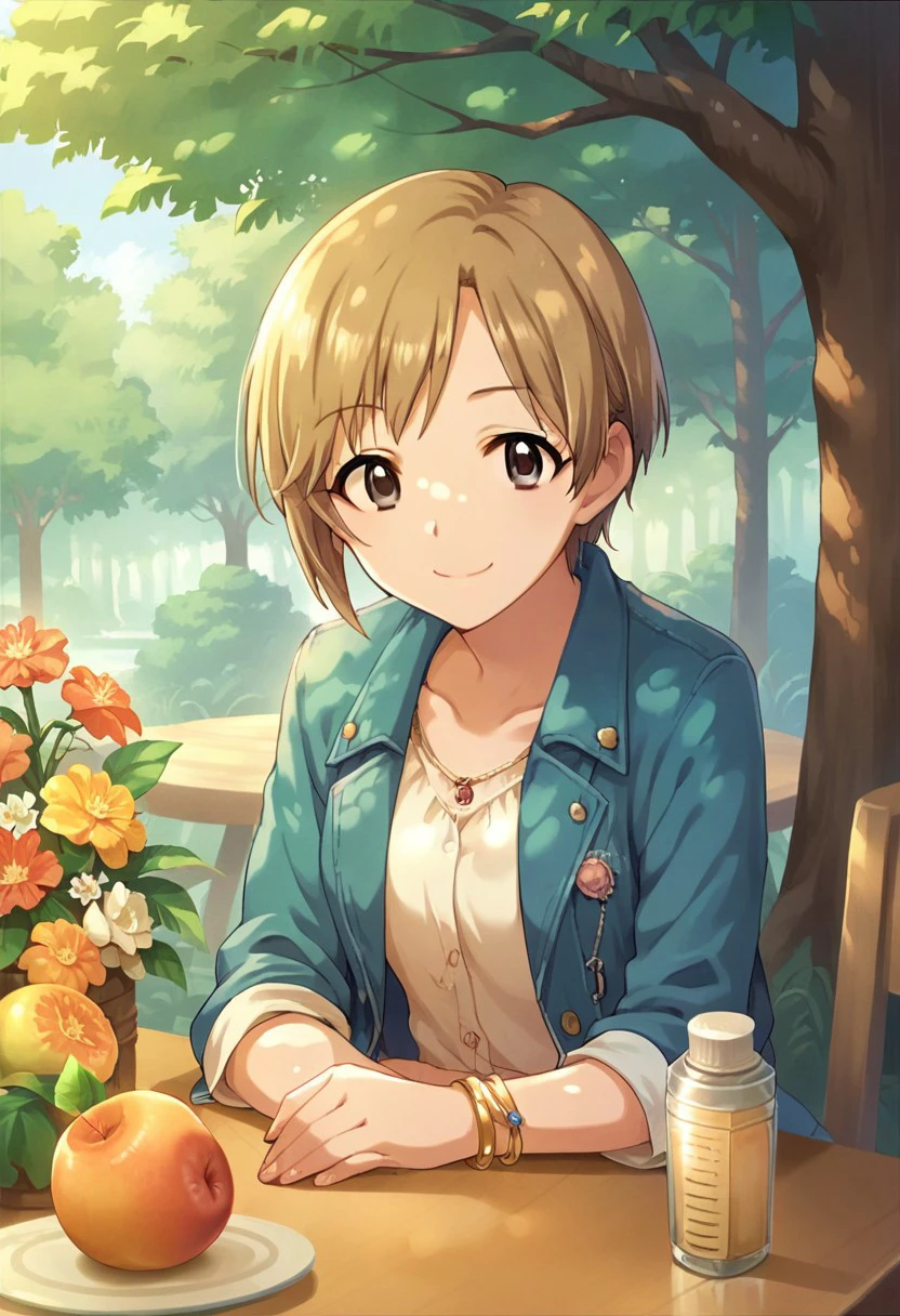 score_9, score_8_up, score_7_up, source_anime,aiba yumi, short hair, brown hair, brown eyes, 1girl, solo, blonde hair, smile, jewelry, tree, bracelet, flower, jacket, table, fruit, shirt