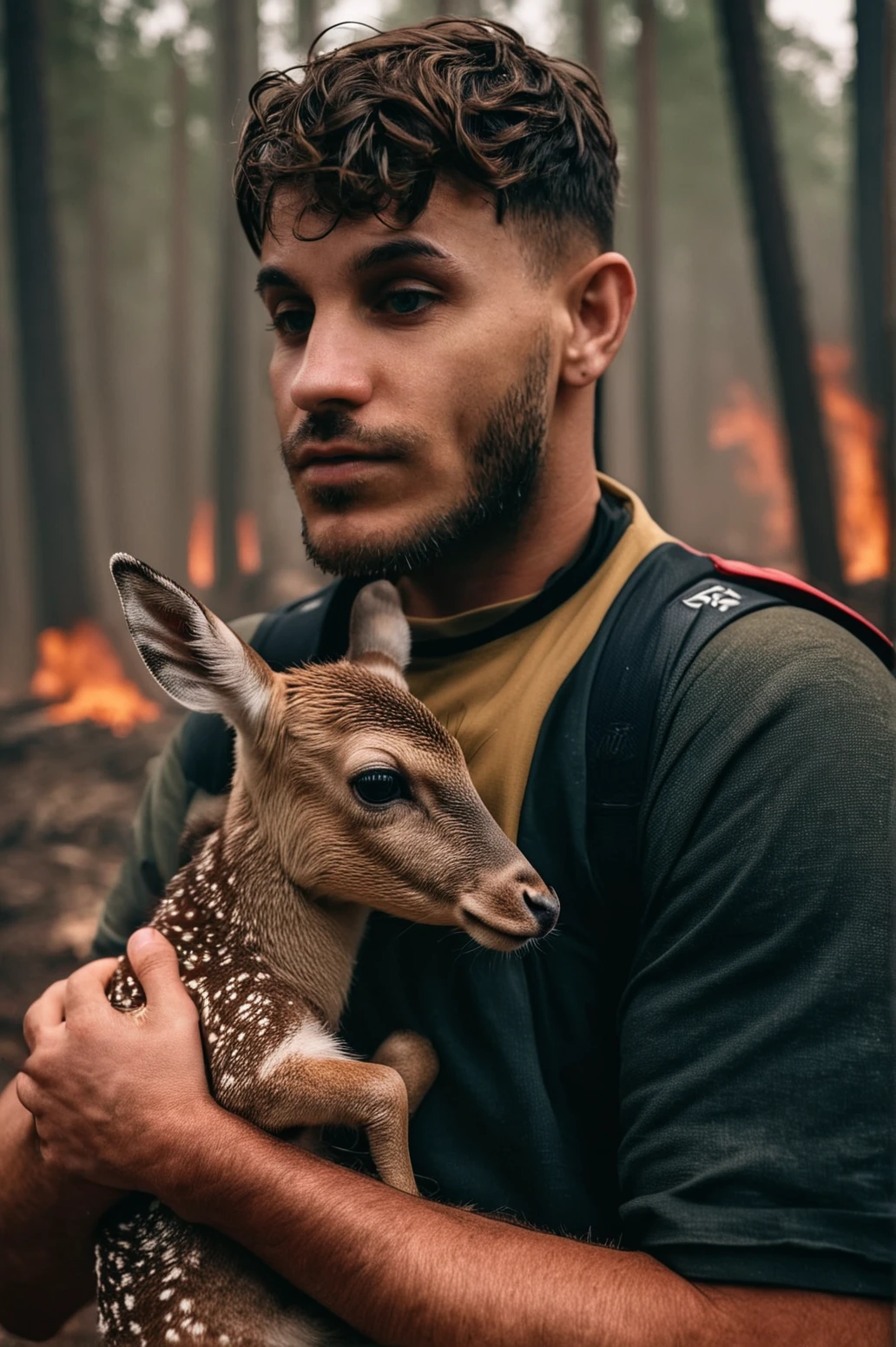 Extreme long shot photo of Loïc Barcourt<lora:Rythmind_Loïc Barcourt_v4Final:1>
upper body, he is holding a babyDeer. The background is The forest fire threatened homes and forced evacuations in nearby communities.,[ perfect hands, fingers, grab, fire, woods:0.1] natural lighting, 4k, high quality, Fujifilm XT3