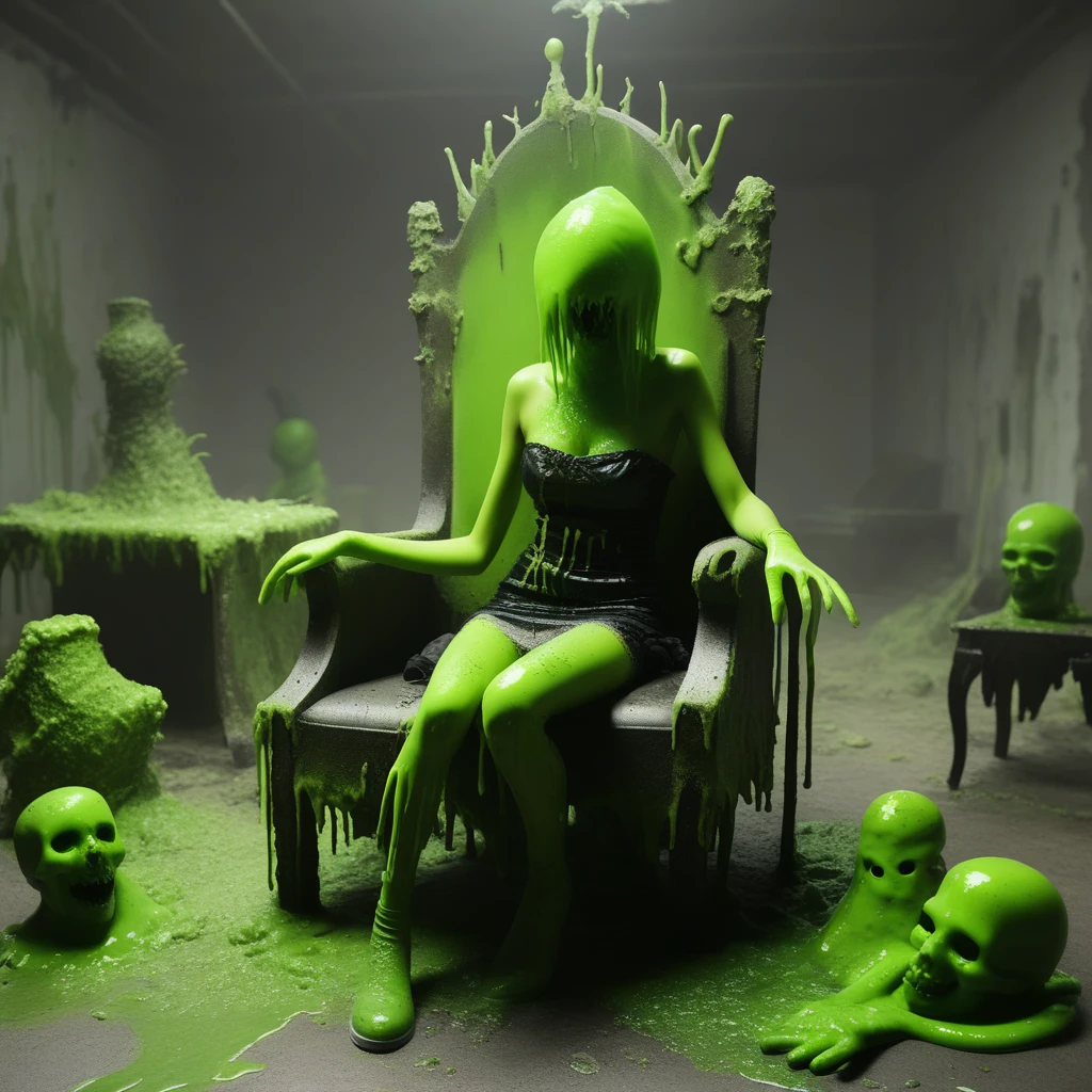 throne, slime, decayed, wasteland, gloves, dancing, staring