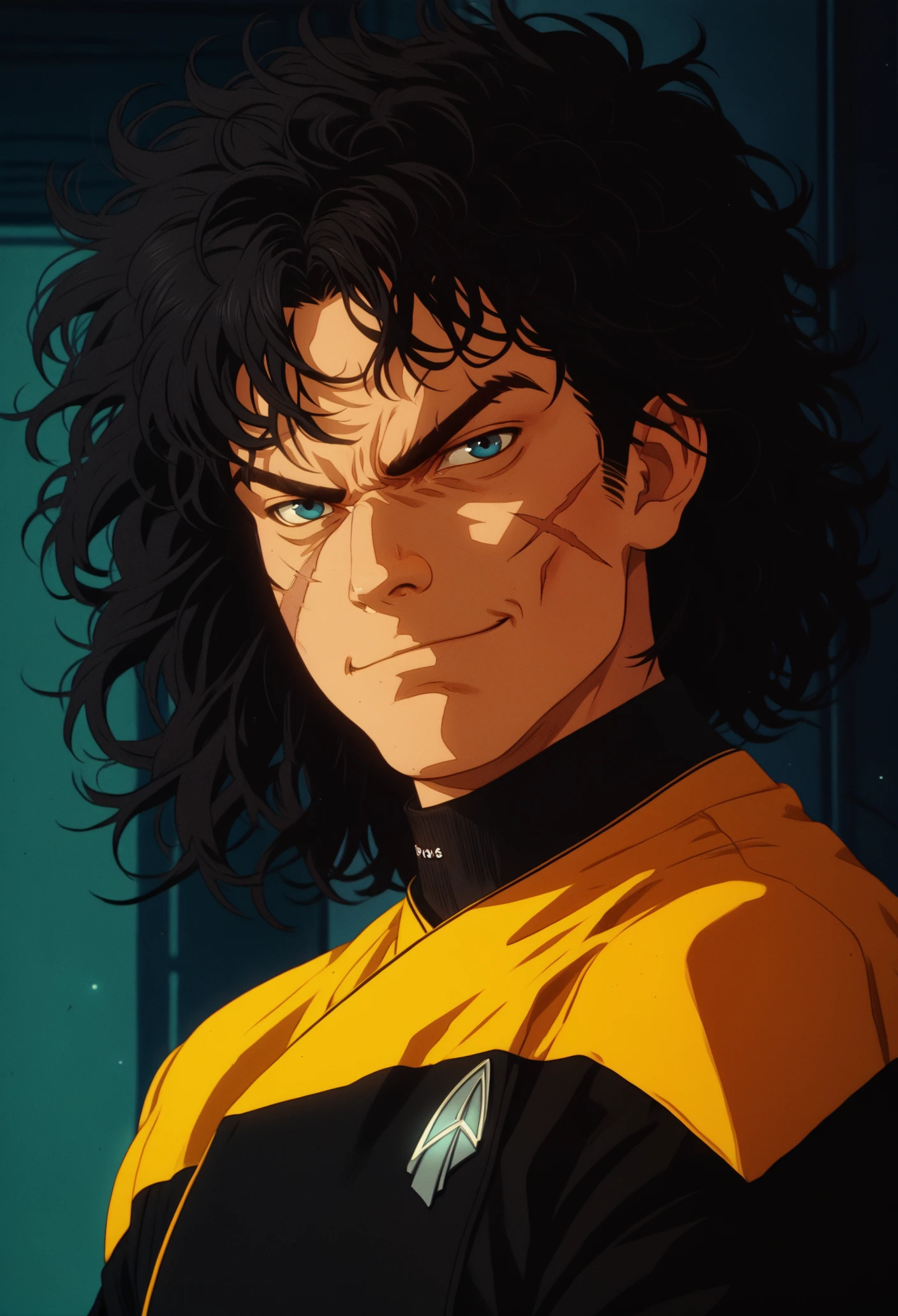 score_7_up,solo,1boy,messy hair,black hair,smirk,blue eyes,scar,
pcdst,Star trek uniform,yellow,yellow shoulders,black jumpsuit
,<lora:PicardPony-000050> <lora:Kenva_Enhanced:0.8><lora:Kenva:0.8>