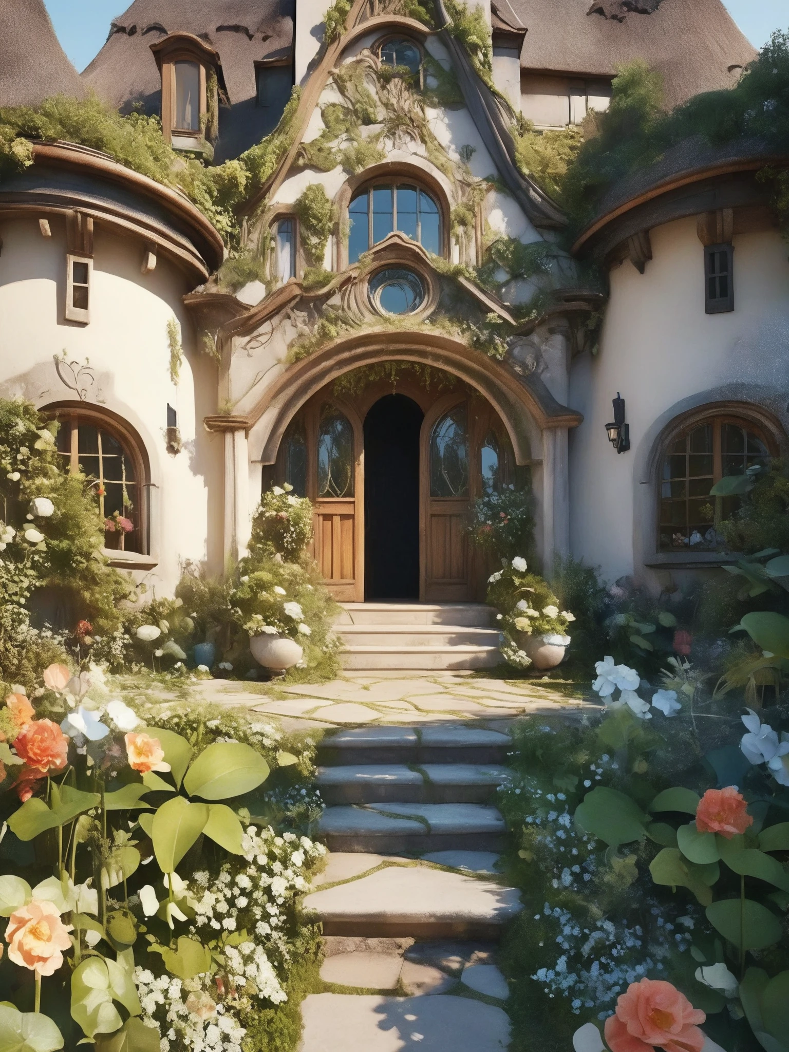 A captivating 3D render of a breathtaking residence, seamlessly merging Storybook Cottage and Art Nouveau styles. The enchanting abode features a thatched roof, wooden beams, and an intricate, whimsical exterior with flowing curves and organic shapes. The sinuous metalwork on the windows and doors adds a touch of sophisticated elegance. Surrounding the residence is a serene pond with lily pads, lush greenery, and vibrant floral arrangements. The scene is brought to life with stunning typography, fashion elements, and a cinematic quality that evokes a sense of wonder and enchantment., poster, typography, cinematic, fashion, 3d render, illustration, architecture, photo
epic action, Unreal Engine, cinematic award winning artwork, many details, extreme detailed, full of details,Wide range of colors., dramatic, Dynamic,Cinematic,Sharp details, Insane quality. Insane resolution. Insane details. Masterpiece. 32k resolution. casting shadow style, cucoloris patterned illumination, dvr-lnds-sdxl, ral-dissolve, ral-ertmsphr, ral-porcelain, ral-pxlprtcl, Niji, aidma-niji
