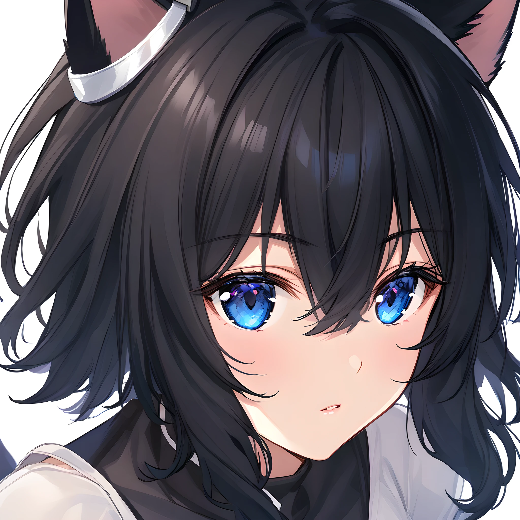 fran(tenken), animal ears, cat ears, cat girl, cat tail, black hair, short hair, blue eyes, black thighhigh, hair between eyes, gloves, dress, chest plate, puffy sleeves, portrait, close-up, <lora:XL-Fran(TenKen):1>