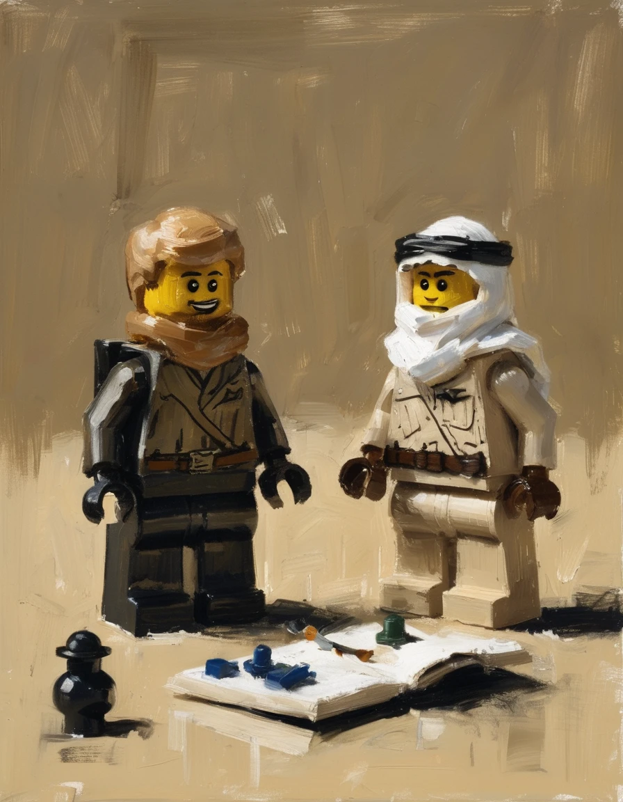 painting sketch still life of lego minifigures carefully arranged to recreate a scene from the movie Lawrence of Arabia 