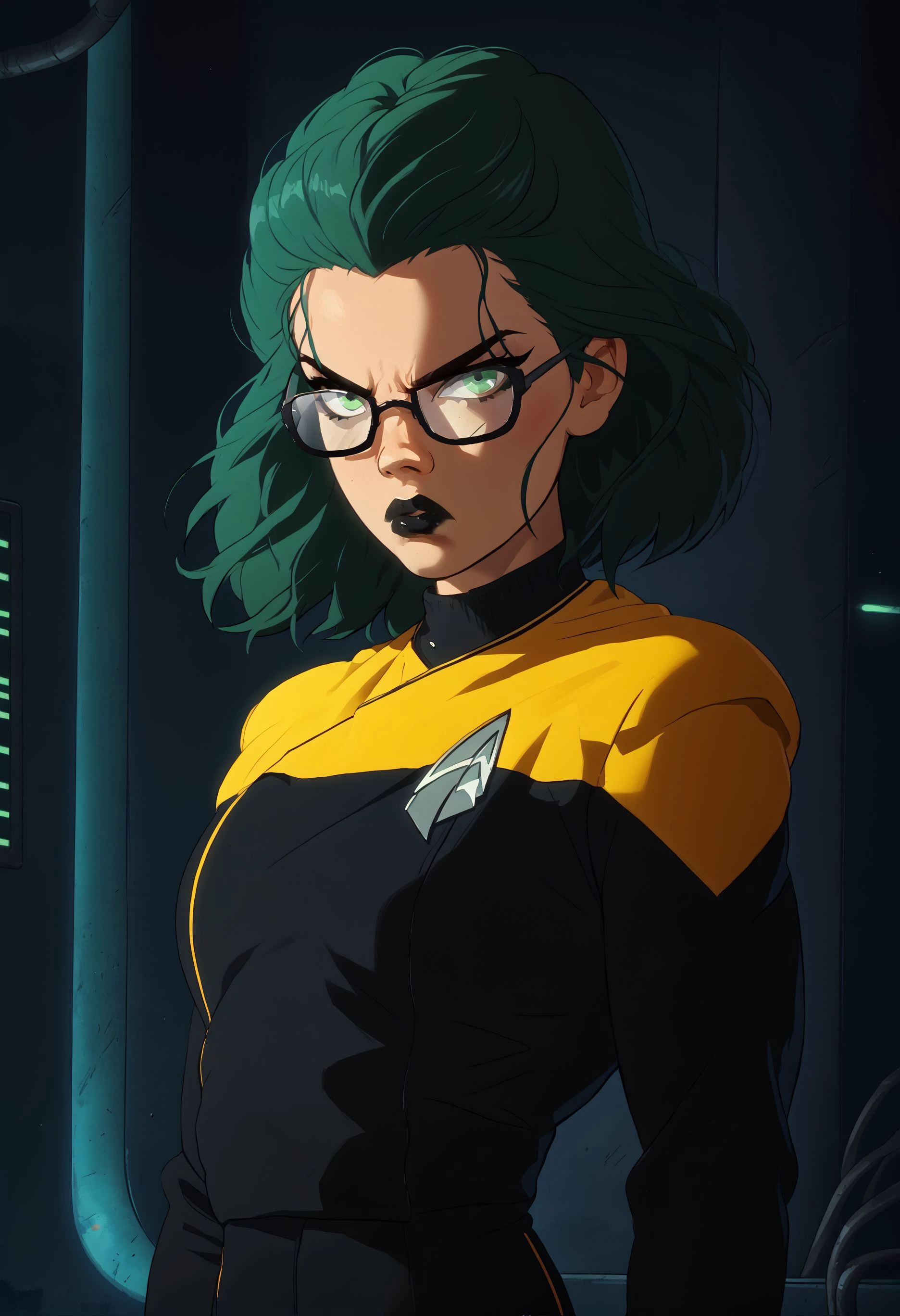 score_7_up,solo,modern haircut,1girl,black lipstick,serious,black glasses,hair higlight,green eyes,
pcdst,Star trek uniform,yellow,yellow shoulders,black jumpsuit
,<lora:PicardPony-000050> <lora:Kenva_Enhanced:0.8><lora:Kenva:0.8>