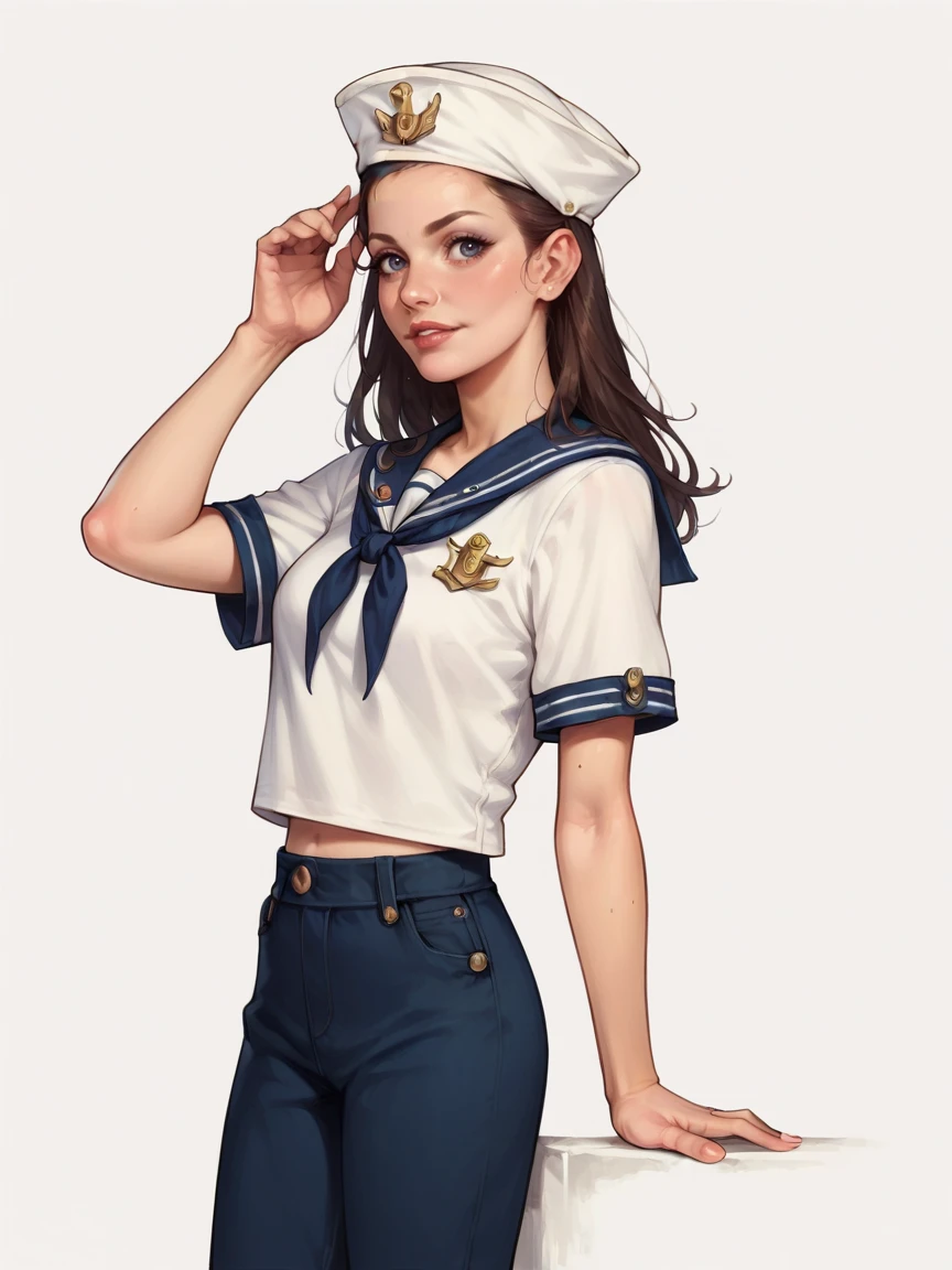 score_9, score_8_up, score_7_up, score_6_up, score_5_up, <lora:s41l0rXLP:0.7> s41l0r, dixie cap hat, hat, sailor, sailor collar, pants, shirt, solo, 1girl, bell-bottoms,