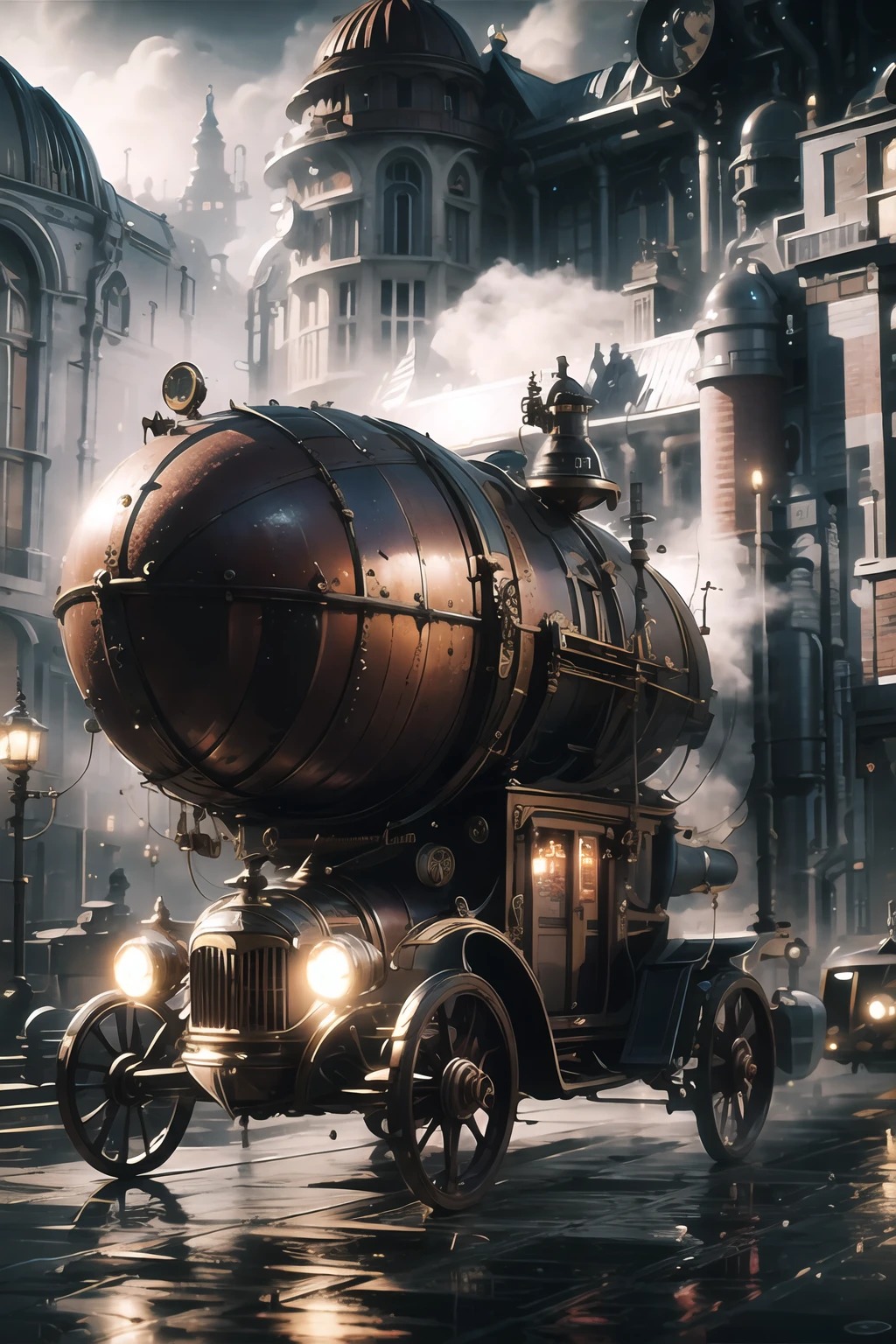 steampunk,award-winning picture,ban,science fiction,highly detailed,Cinematic Lighting,realistic,ultra-high resolutions,32K UHD,best quality,masterpiece,outdoors,street,gear,steampunk aesthetics,piping,puddle,carriage,,<lora:steampunk_v1.0:1>