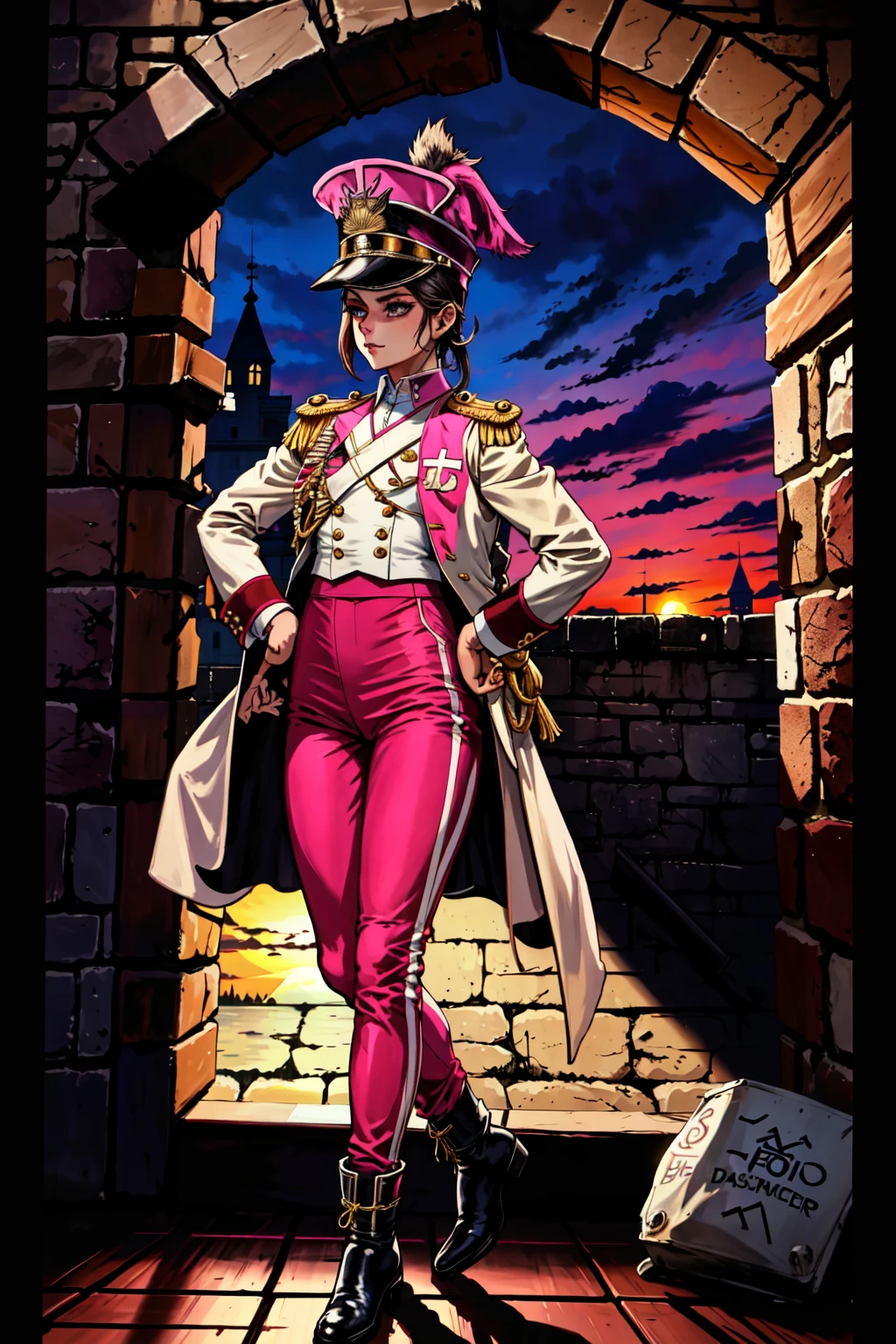 masterpiece,best quality,1girl,berglancer, <lora:Berglancer15:0.65>,standing,(in castle,indoors,stone walls:1.2),vest,jacket,pink pants,shako cap,epaulettes,boots,(sunset,cloudy sky,absurdres:1.1),full body,(detailed background:1.2),