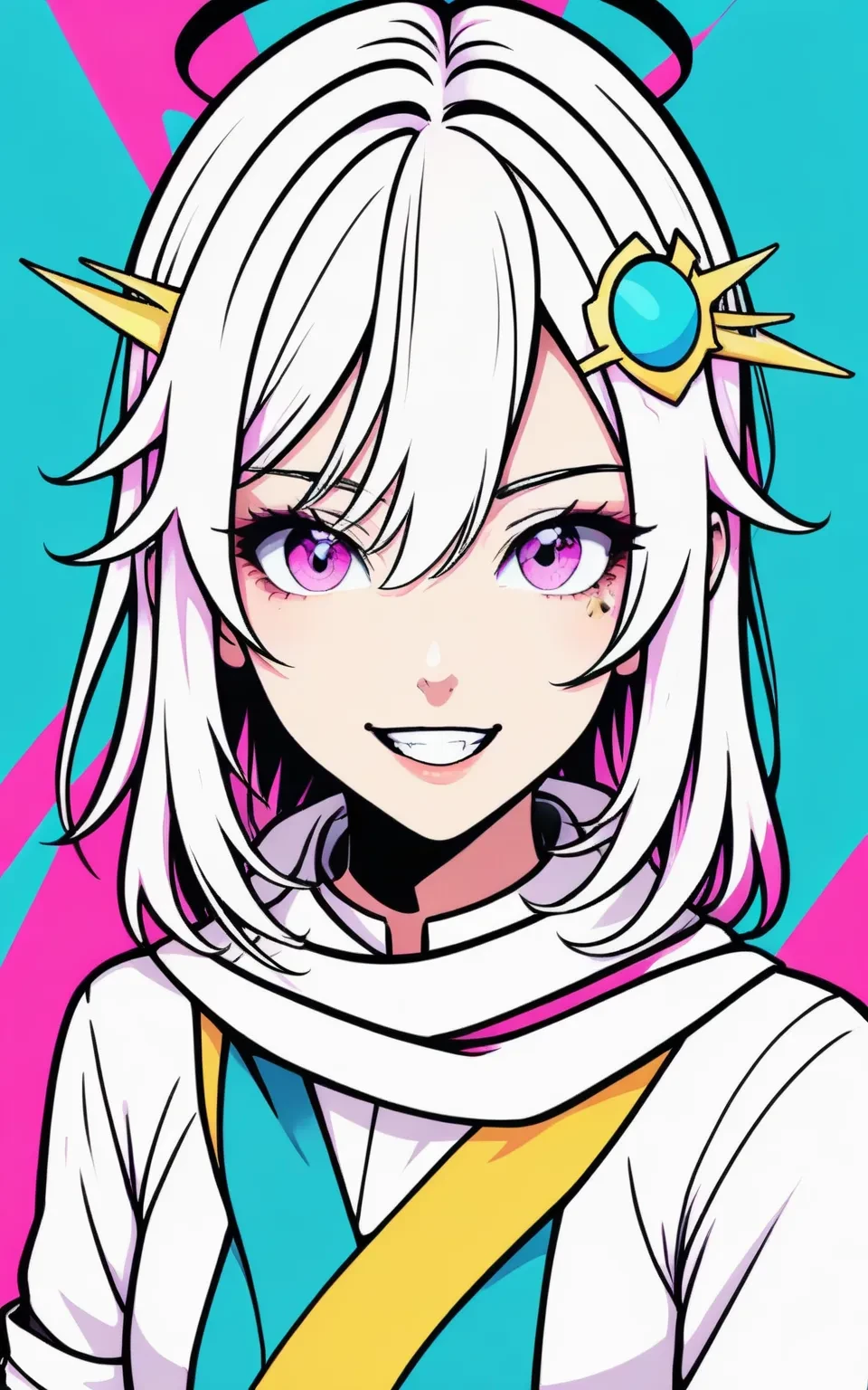 1girl, 1girl, 
popart, 
serapeum \(honkai impact\)
Pop Art style, sticker, rough lines, cute, flying, bangs, pink eyes, dress, hair between eyes, hair ornament, halo, scarf, sidelocks, hairclip, white background, light bule hair, head portrait, anime, shirt, smile, sleeves rolled up, looking at viewer, holding weapon, school uniform, solo, white dress, grey eyes, white hair, upper body, long hair, white scarf, holding, weapon, long sleeves, simple background, grin, parody, 
masterpiece, newest, absurdres, safe
 <lora:popart:1>