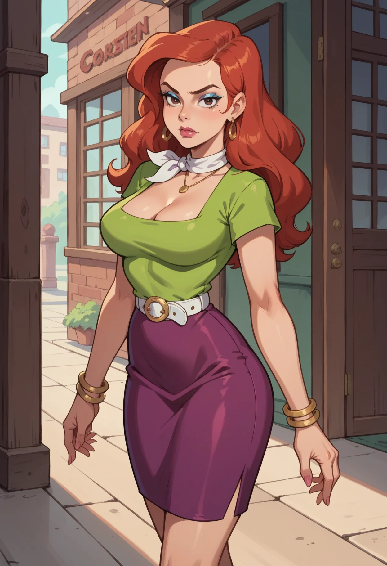 Score_9, score_8_up, score_7_up, score_6_up, hud_cous1n_mel, 1girl, red hair, brown eyes, solo, jewelry, earrings, makeup, blue eyeshadow, cleavage, green shirt, purple skirt, white belt, neckerchief, high heels, <lora:cousinmel:0.7>