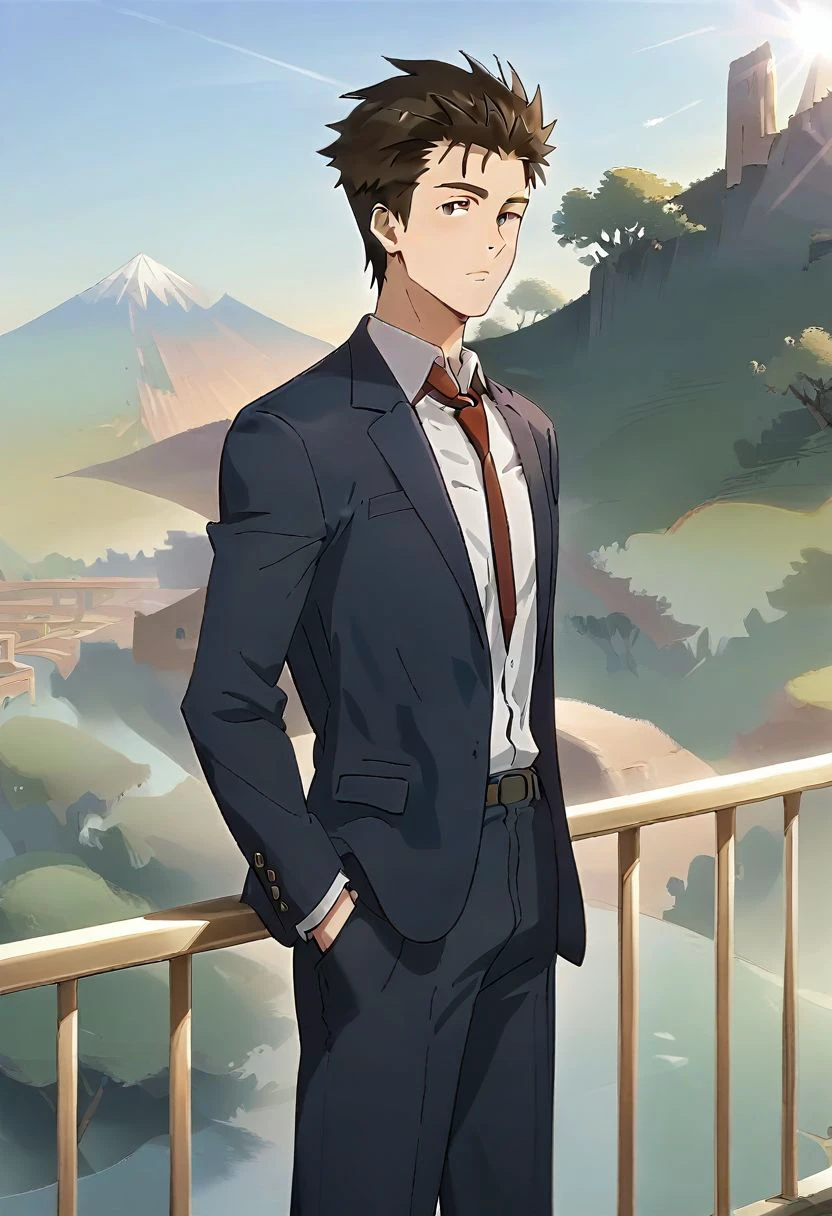 (score 9, score 8 up, score 7 up),((source anime, best quality, best aesthetic, perfect anatomy)),1boy,male focus,handsome detailed face,black eyes,blazer,collared shirt,slim body,skinny,necktie,solo,((Sulking, Railing, Morning sunlight, floating island, straight on, ground view up)),<lora:Shinich:1>,shinichi,<lora:Smooth Anime 2 Style SDXL_LoRA_Pony Diffusion V6 XL:1>,<lora:aesthetic_anime_v1s:1>,