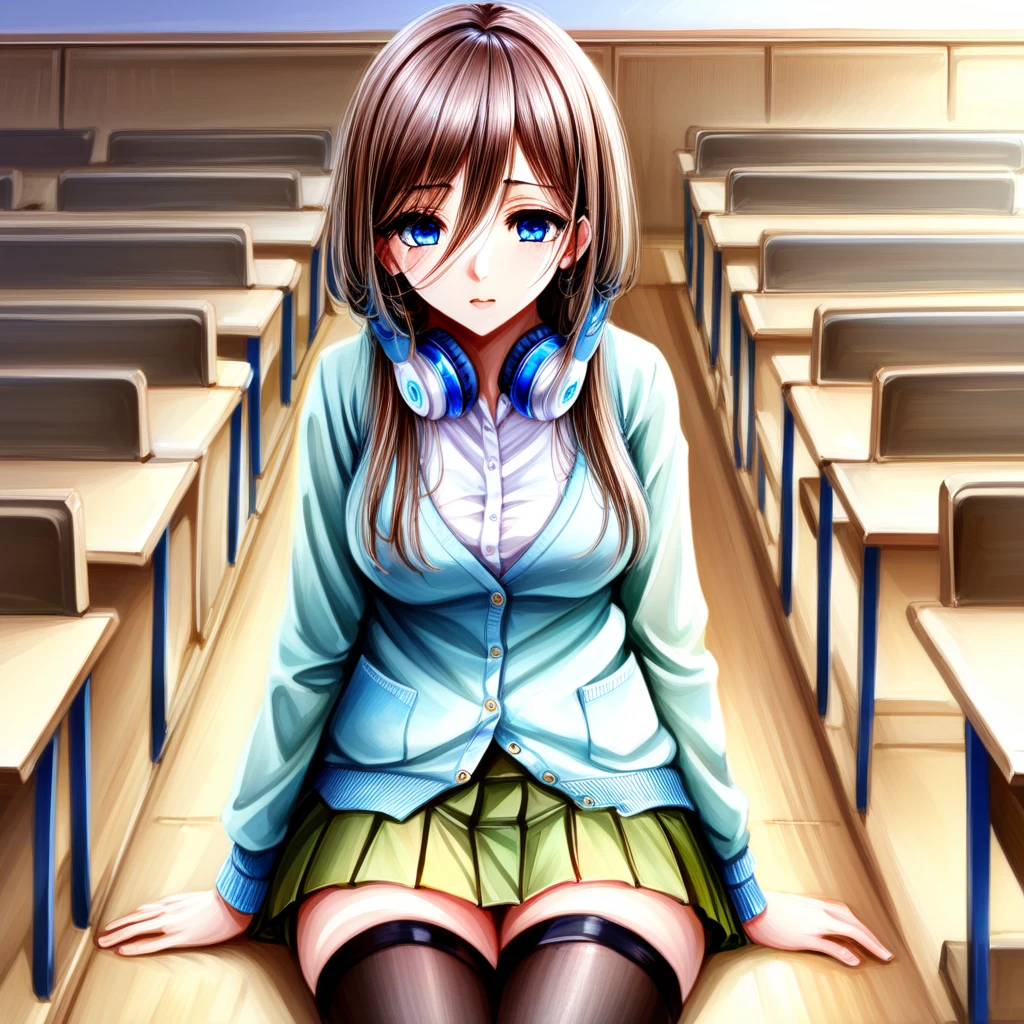 mikunakano,miku nakano, long hair, bangs, blue eyes, brown hair, shirt, hair between eyes, headphones, cardigan, headphones around neck, BREAK skirt, shirt, long sleeves, white shirt, pantyhose, pleated skirt, black pantyhose, cardigan, green skirt, blue cardigan, BREAK indoors, classroom, BREAK looking at viewer,  BREAK ,(masterpiece:1.2), best quality, high resolution, unity 8k wallpaper, (illustration:0.8), (beautiful detailed eyes:1.6), extremely detailed face, perfect lighting, extremely detailed CG, (perfect hands, perfect anatomy),