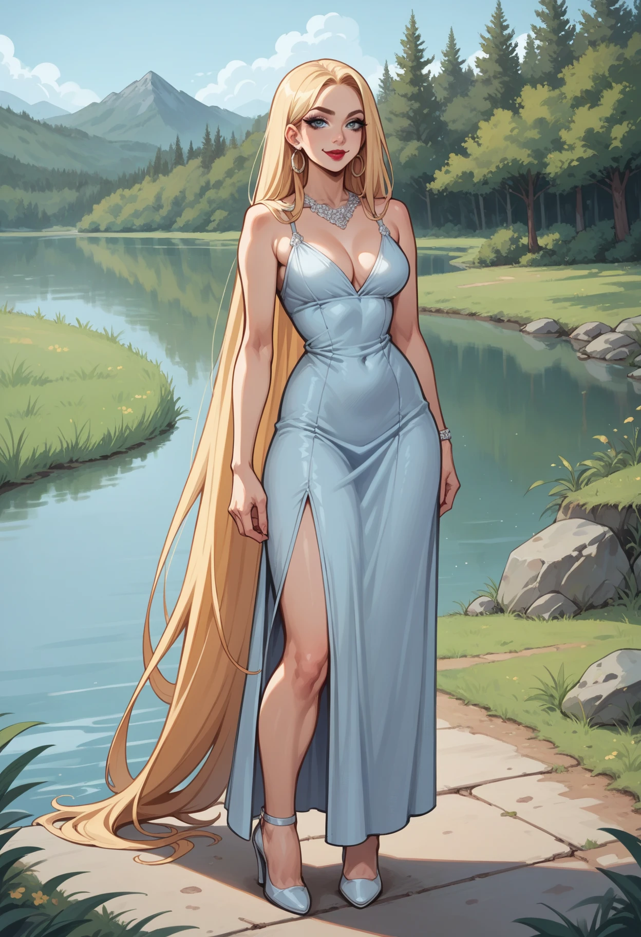 score_9, score_8_up, score_7_up, score_6_up, 1girl, solo, makeup, lipstick, hud_vry_lng_h4ir, very long blonde straight hair, high heels, <lora:hud_vry_lng_h4ir_XLP:0.7>, light smile, dress, lake