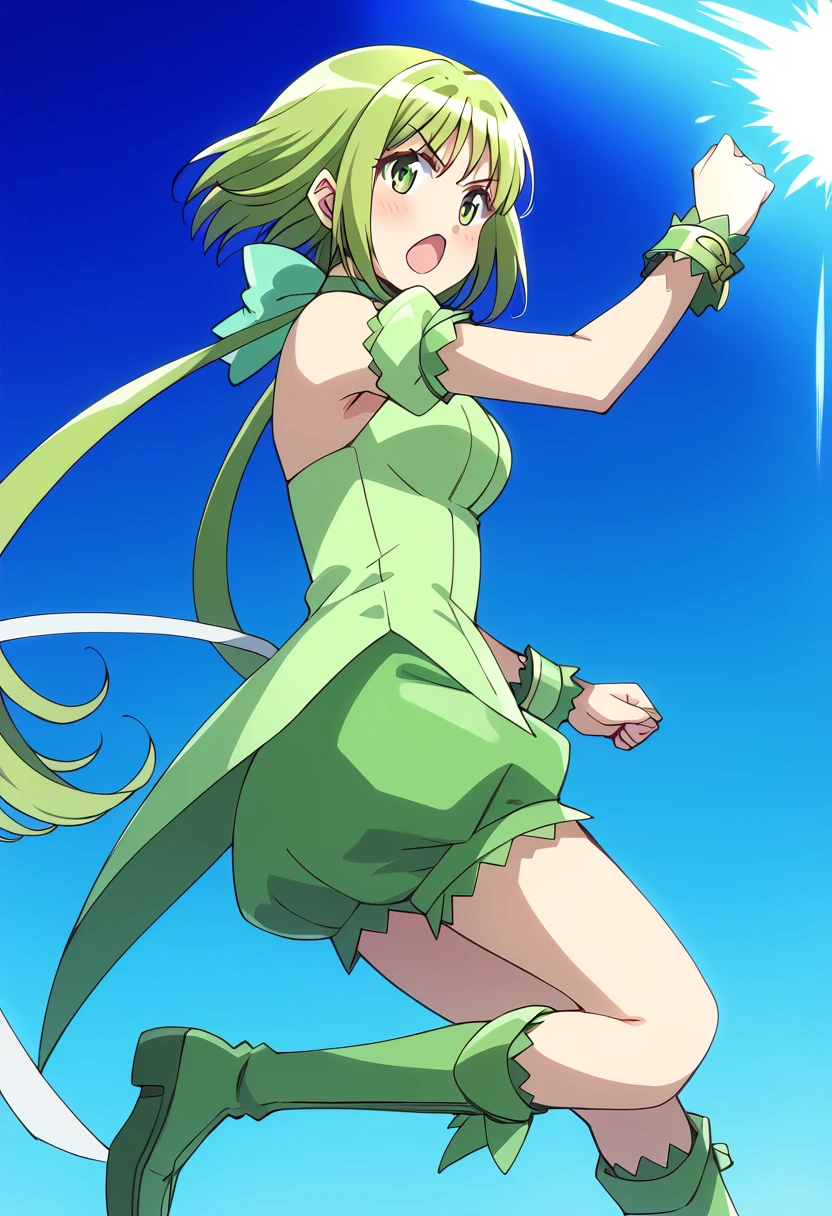 score_9, score_8_up, score_7_up, source_anime BREAK
mew lettuce, 1girl, solo, green hair, green eyes, open mouth, ponytail, wrist cuffs, bare shoulders, hair bow, sleeveless, hair ornament, puffy detached sleeves, green shirt, floating hair, hair ribbon, very long hair, short hair with long locks, :o, from side, detached sleeves, short hair, medium breasts, wristband, low ponytail, magic, energy_beam, eyelashes, bangs, v-shaped eyebrows, back bow, blue background, bracelet, bridal garter, green footwear, knee boots, anime coloring, weapon, looking at viewer, puffy short sleeves, shiny, green dress, low twintails, green theme, glowing, fighting stance, henshin, sidelocks, halterneck, blush, frills, green choker, white ribbon
<lora:mew_lettuce_midorikawa_lettuce_sdxl_locon_pony_v1:0.7> <lora:energy_beam:0.9>