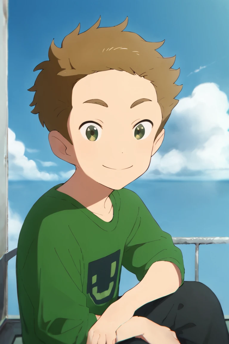 score_9,score_8_up,score_7_up,source_anime,1boy, solo,Taishi Koiwai,brown hair,green eyes,smile, Green shirt,pants,sky, cloudy_sky, sitting, looking at viewer, on side<lora:EMS-423312-EMS:1.000000>