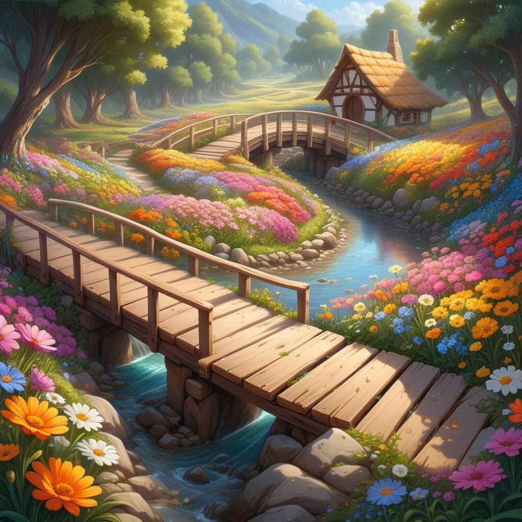 fractalart, a flower garden with a stream and a cute wooden bridge