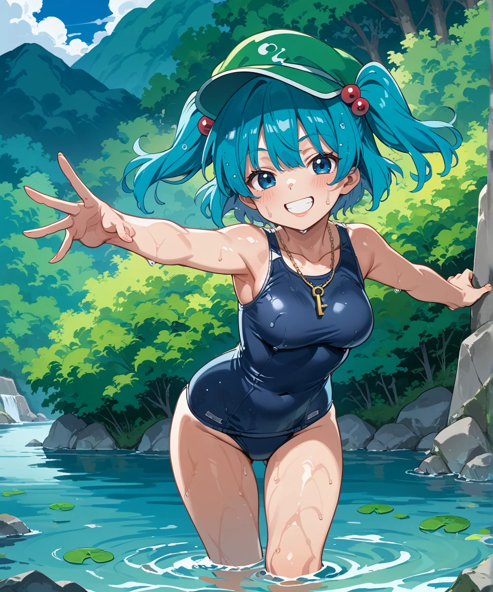 colorful auspicious clouds, sakura, leaf, tree, waterfall, acorn, soil, blurry_foreground, 1girl, day, painting, depth_of_field, blurry, (best quality), ((masterpiece)), cute anime girl, green hair, short hair, pink t-shirt, cutout above navel, blue denim shorts, black boots, forest, c(lean detailed faces), analogous colors, beautiful gradient, clean image, high quality, high detail, high definition, cute face, 4k resolution, full body, ultra sharp focus, extremely detailed eyes, blue eyes, detailed symmetric realistic face, extremely detailed natural texture, perfectly centered medium upper shot, nikon d850 film stock photograph, kodak portra 400 camera f1.6 lens, extremely detailed, amazing, fine detail, rich colors, one body, fully clothed, face, head in frame, body in frame, good proportions
