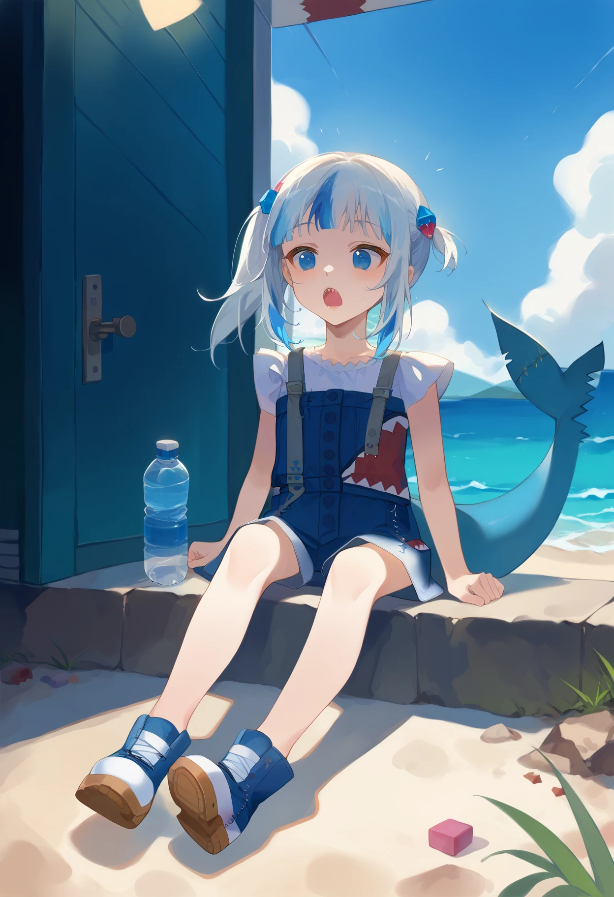 score_9, uncensored, source_anime
BREAK
1girl, shark girl, pitm, pitvitm, sharp teeth, outdoors, beach, sea, sun, sky, feet out of frame, gura_casual, blue dress, white shirt, side ponytail, cube hair ornament, shark tail, bottle, casual, door, fan, lamp, open mouth, outdoors, raised eyebrows, rust, shoes, sitting, sneakers, solo, stairs, surprised, towel, water bottle, denim shorts
<lora:ciloranko_pony_v3:1> <lora:gawr_gura_sdxl_pony:1>