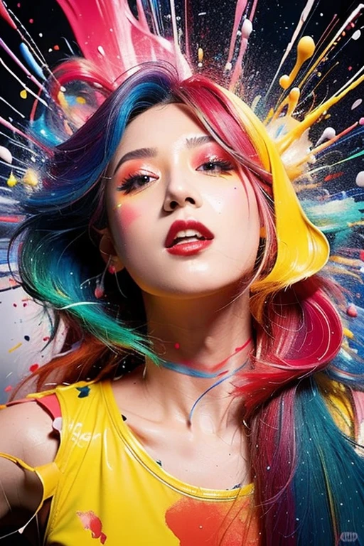 1girl,solo,makeup,multicolored hair,paint splatter,long hair,eyeshadow,open mouth,rainbow hair,teeth,watermark,artist name,colorful,red lips,lips,,,,<lora:Dream color:0.65>,<lora:lightline-v2.0:0.6>,<lora:è¶å¾®ç»é¢ä¼åå¨_V10:1>