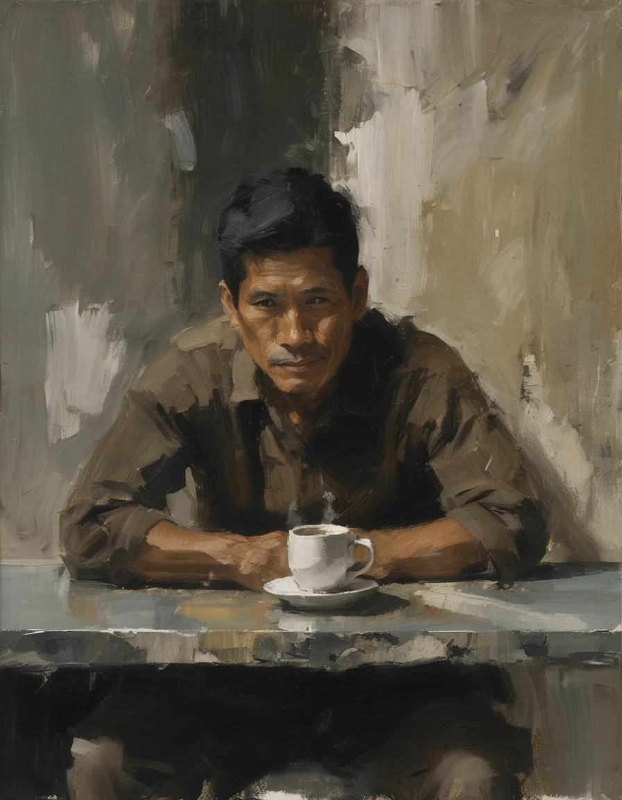 relaxed Filippino man leaning against a chipped shiny granite table with a steaming coffee mug