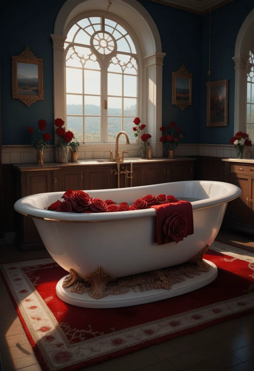 score_9, score_8_up, score_7_up, score_6_up, dskgold_filigree, no humans, flower, scenery, rose, red flower, window, still life, red rose, indoors, art deco bathtub, gold filigree porcelain, jade accent, gold filigree, made of gold, carpet, cinematic lighting, natural lighting,