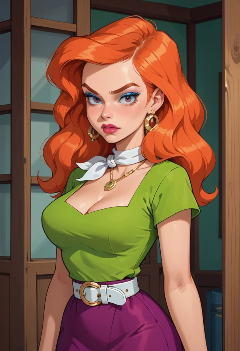 Score_9, score_8_up, score_7_up, score_6_up, hud_cous1n_mel, 1girl, red hair, solo, jewelry, earrings, makeup, blue eyeshadow, cleavage, green shirt, purple skirt, white belt, neckerchief, <lora:cousinmel:0.7>