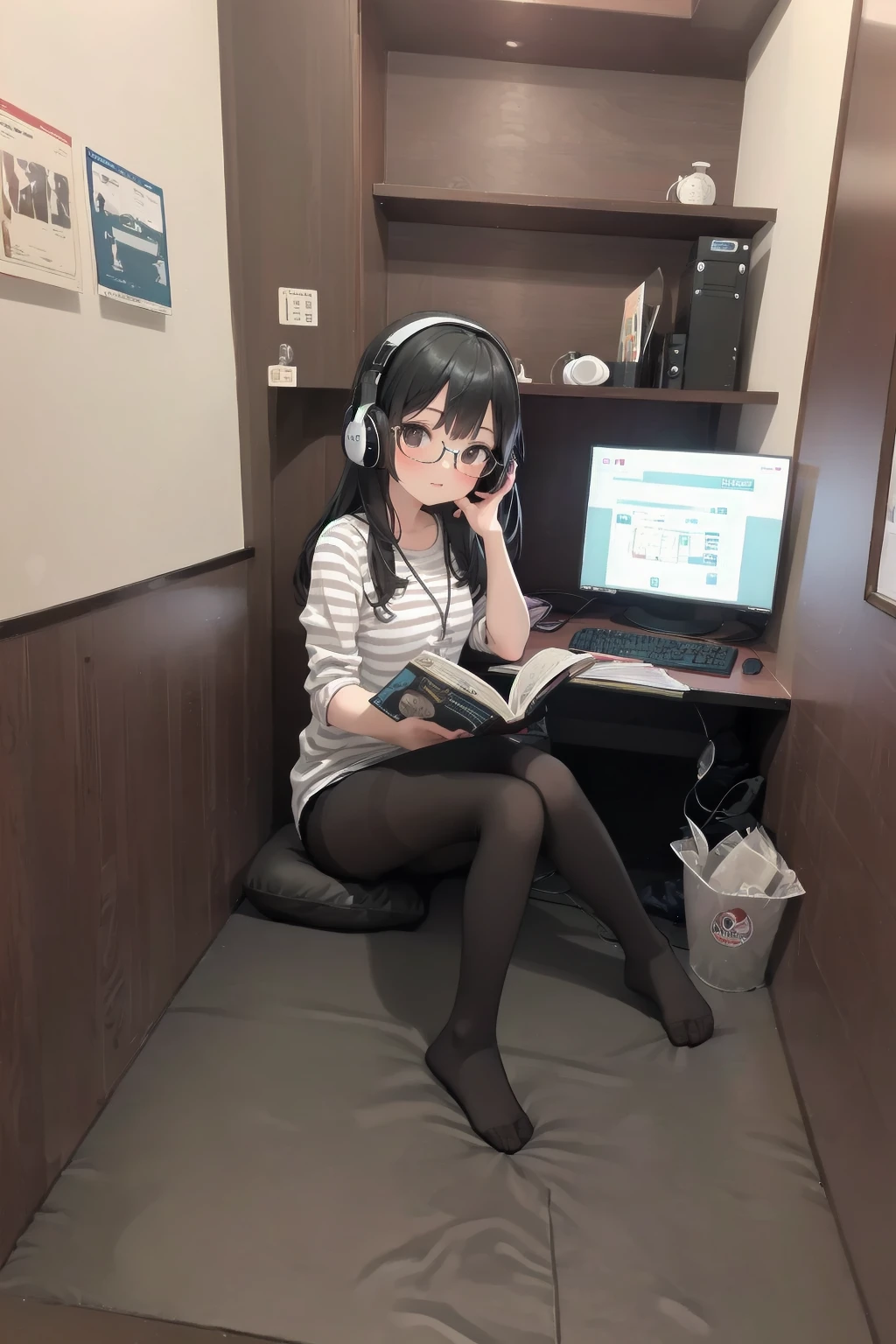 masterpiece, best quality, ultra-detailed, illustration, glasses,
necafe, scenery, 1girl, solo, computer, monitor, chair, black hair, sitting, book, striped, pantyhose, headphones, indoors, desk, lamp
<lora:netcafe_SD15_V1:0.8>