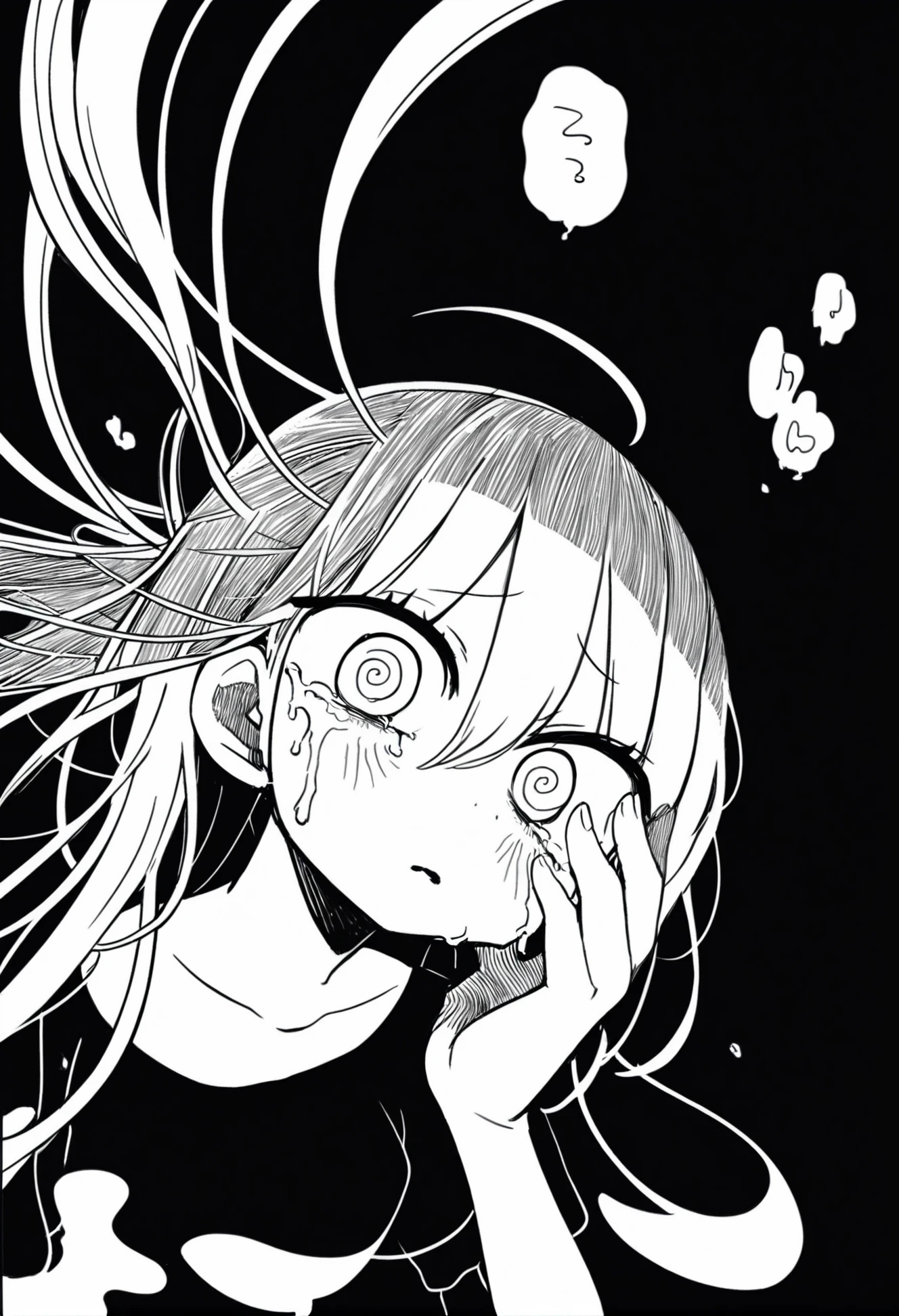 masterpiece,best quality,monochrome, solo, black background, crying, long hair, tears, crying with eyes open, shirt, 1girl, greyscale, wide-eyed, simple background, upper body, hand on own face, floating hair, speech bubble 
 <lora:teraXLlokr4f-000145:0.95>