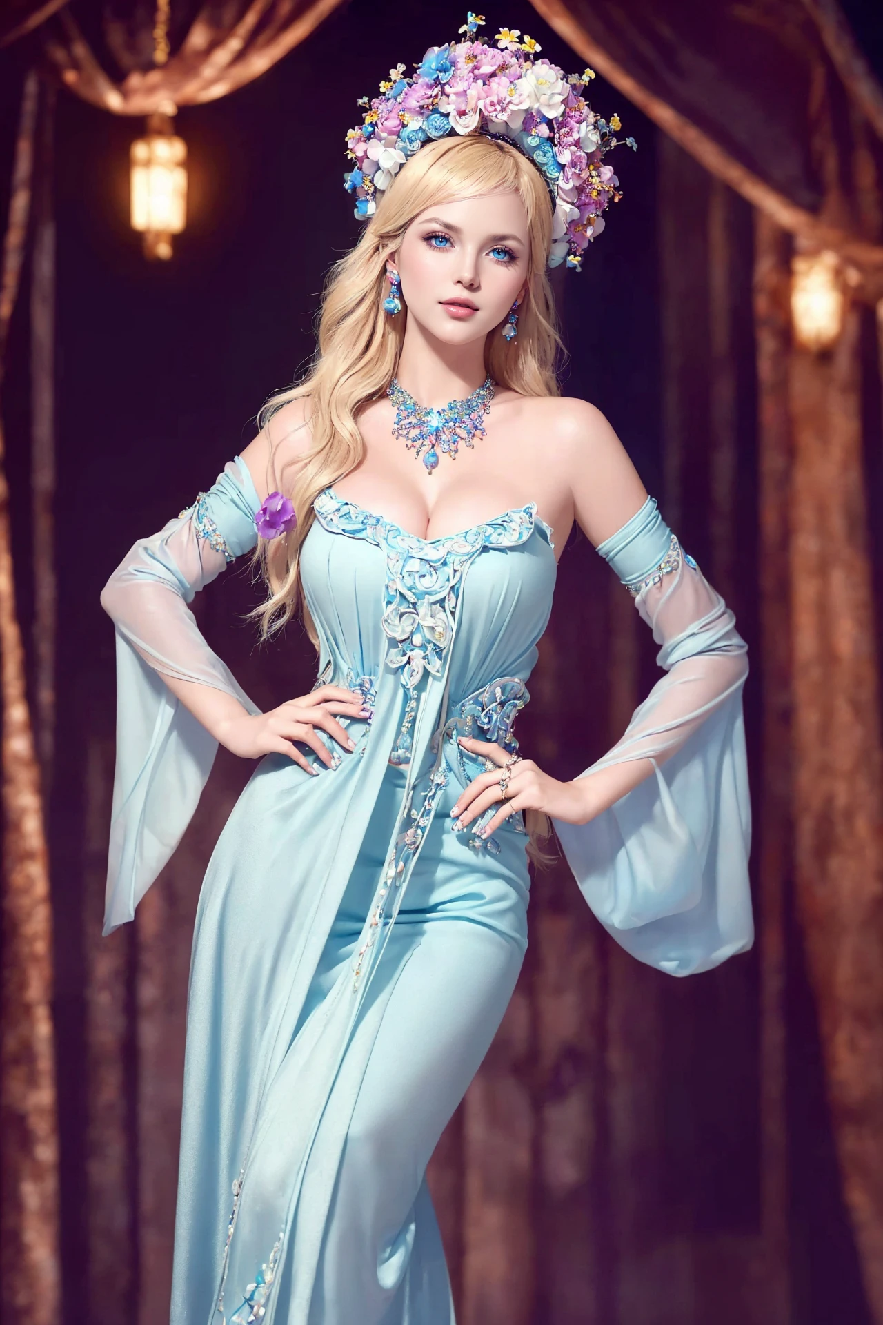 (((Best quality, masterpiece, ultra high res, ultra-detailed, ultra realistic, depth of field, film grain))), (portrait shot ), (((fantasy background))), 1girl, (((flowers headband))), (smile), happy, (((hands on hip ))), (((princess outfit))), (((wear seductive costume))), ((light blonde hair)), graceful neck and shoulders, (((large  breasts))), perfect body, big butt, wide hip, thigh highs, beauty legs, dreamy blue eyes, (glossy lips):1.5, (close lips):1.5, detailed skin texture, (((looking at viewer))), hair ornament, necklace, earrings, rings, mystery, majestic, scenery, exquisite, stunning, delicate, elegant, glowing, graceful, charming, alluring, seductive, erotic, enchanting, mesmerizing, femininity, ethereal, shiny, (((rimlight, perfect shadows, gorgeous light and shadow, stunning environment, subsurface scattering, sharp focus, extravagant and vivid composition, meticulously staged framing, focus on intricate details, vibrant and surreal colors))), <lora:Flowers Headband PS-000006:0.7>, ([ðºð¸:ð°ð·:0.5]),lady,symmetrical face