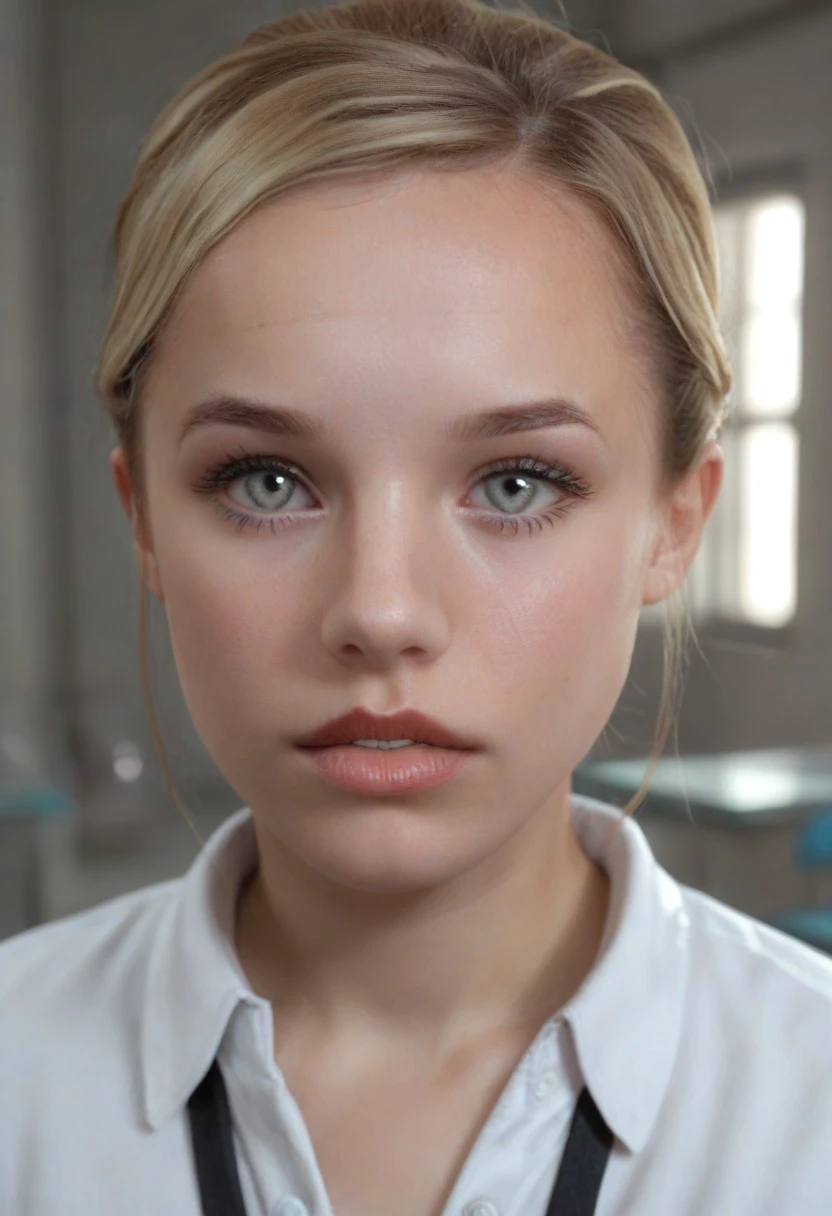 score_9, score_8_up, score_7_up, photo of lcstllmn, blonde hair, high bun updo, grey eyes, white shirt, badge, close up, (looking at viewer), parted lips, shy look, parted lips, masterpiece, slim figure, petite, pale skin, indoors, laboratory, shadowy, side lighting, warm lights, by loish