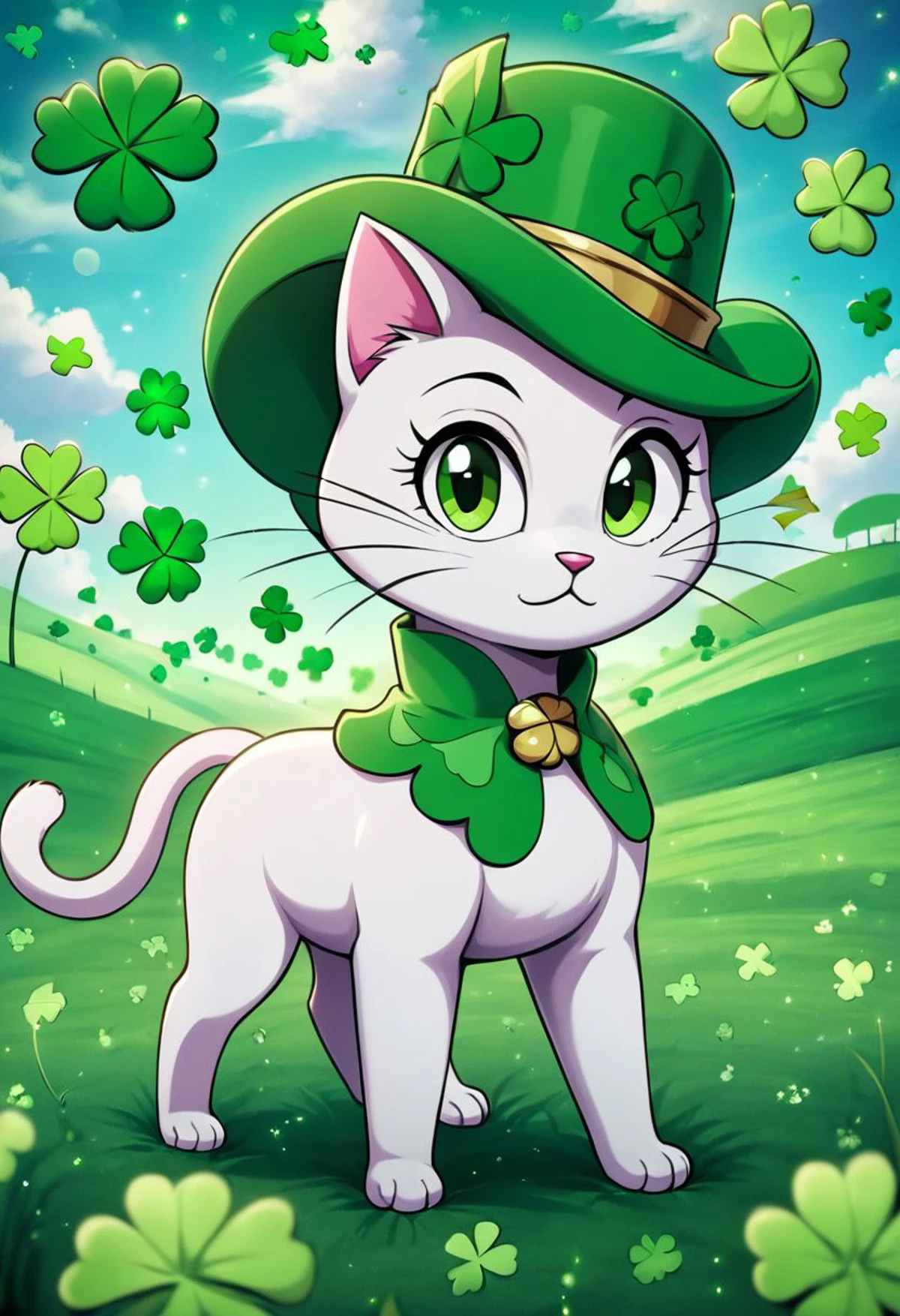 ((masterpiece, best quality)), high resolution, 32k picture,    ShamrockWorld, clover, four-leaf clover, light particles, outdoors, sky, field, rainbow, looking at viewer, hat, green eyes, bokeh, no humans, animal, cat, green headwear, animal focus, clover, four-leaf clover   ,<lora:ShamrockWorldXL:1.0>, zPDXL