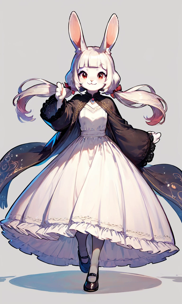 (score_9, score_8_up, score_7_up),
(furry female),(rabbit girl),blunt bangs,low twintails,puffy twintails,(long dress),white skirt,black shawl,grey pantyhose,black shoes,
dynamic pose,cowboy shot,light smile,
(simple background:1.5),
(uncensored),