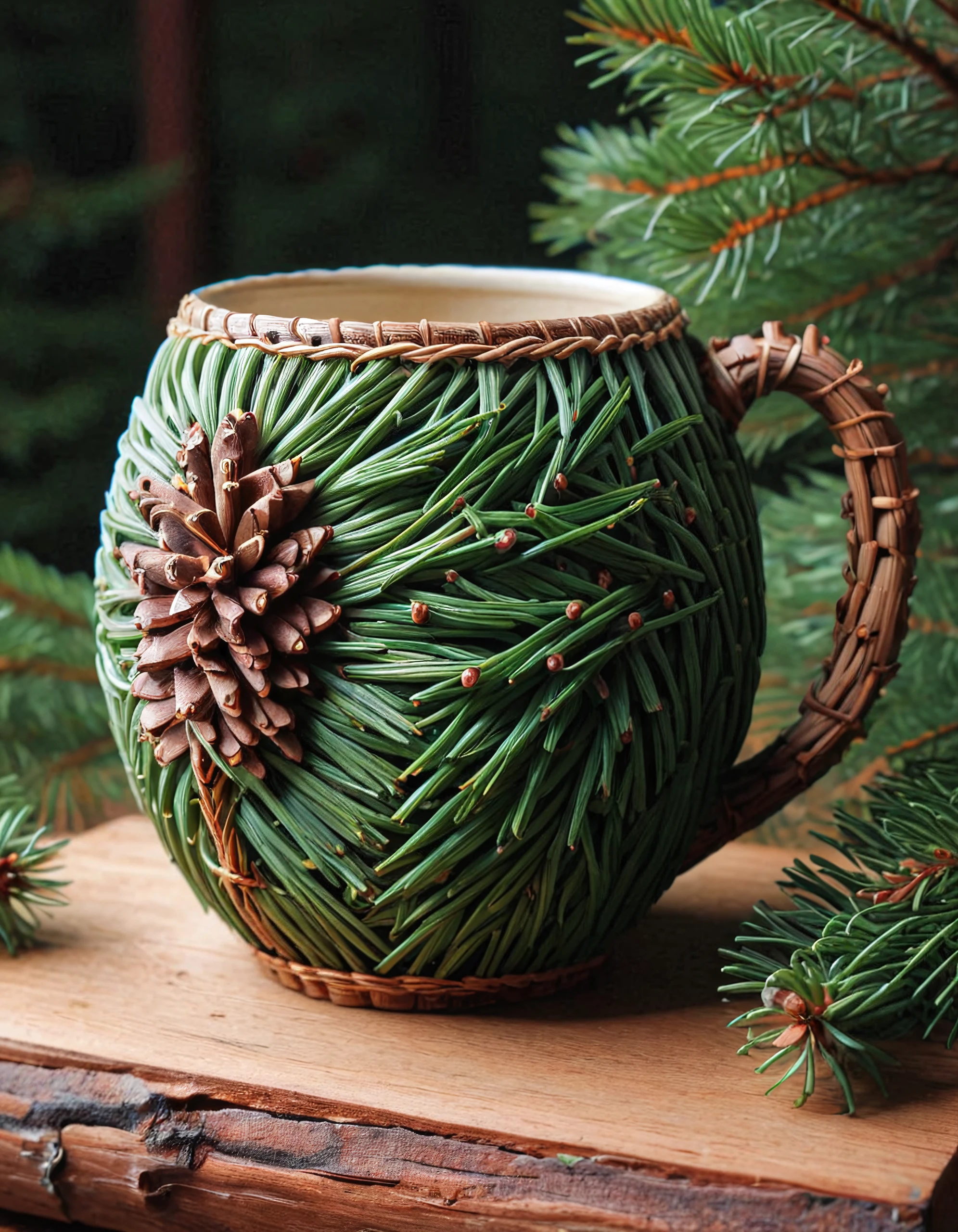 a mug made of pines and needles