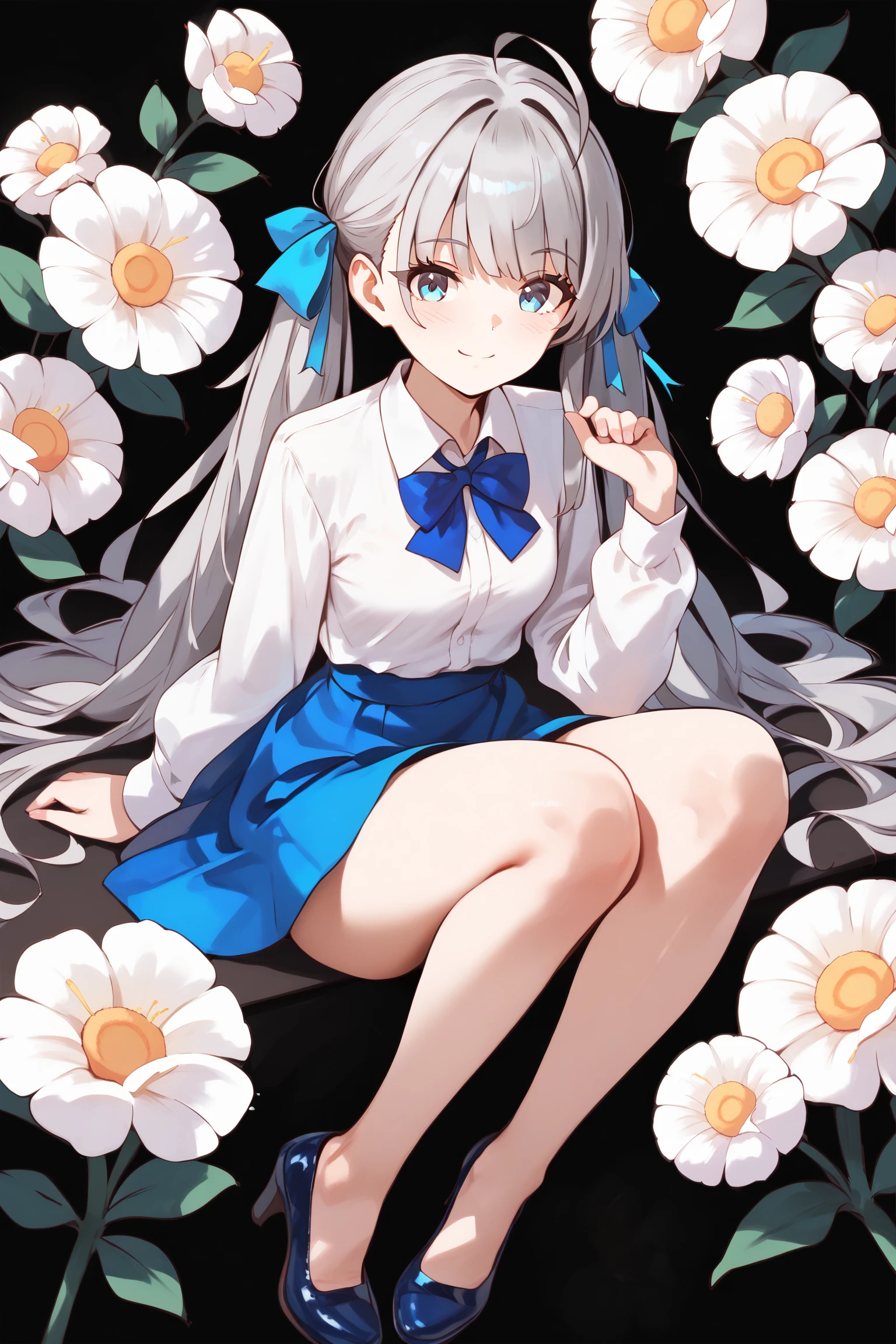 late, 1girl, kazami kazuki, silver hair, long hair, red eyes, school uniform, black bow, white kneehighs, black boots, <lora:lora-000003:1>
