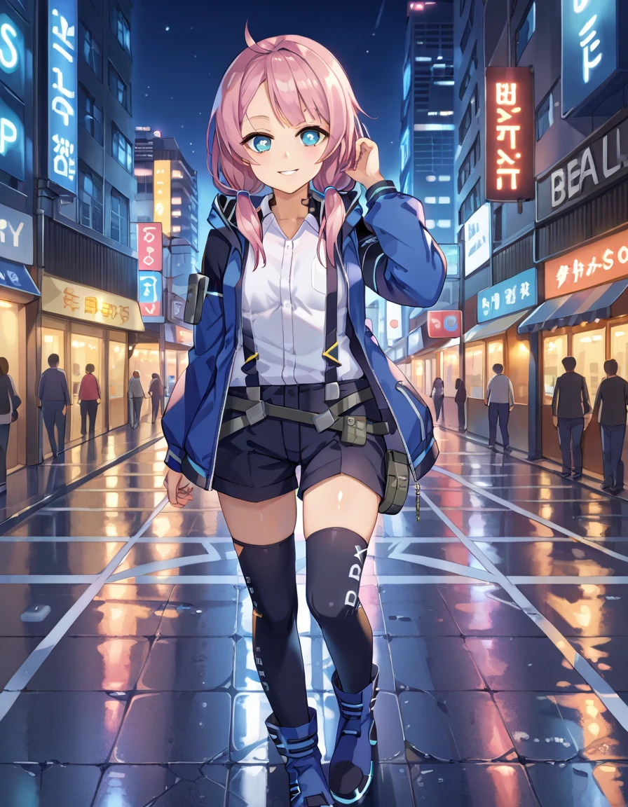 blue poison (arknights), blue eyes, unusual pupils, pink hair, low twintails, ahoge BREAK, Azureus_E2, base_jacket,hooded jacket, E2_shirt, E2_shorts, E2_thighhighs, E2_suspenders, E2_suspender shorts,E2_pouch BREAK, smile, closed mouth, looking at viewer, parted lips, cowboy shot,full body,outdoor, cyberpunk city,reflection, blue footwears, boots, night, dark sky, neon lights, crowd, pedestrian on background, blurry background,walking on sidewalk, hand up