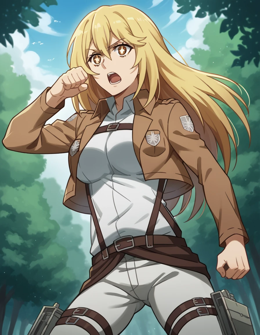 score_9, score_8_up, score_7_up, source_anime, misakishokuhou, <lora:misaki-shokuhou-s3-ponyxl-lora-nochekaiser:1>, misaki shokuhou, blonde hair, hair between eyes, long hair, symbol-shaped pupils, yellow eyes, large breasts,, <lora:paradis-military-uniform-ponyxl-lora-nochekaiser:1>, paradis military uniform, belt, cloack, cropped jacket, emblem, green cloak, jacket, long sleeves, pants, shirt, thigh strap, uniform, white pants, white shirt, brown jacket,, outdoors, forest, nature, fighting stance, open mouth, floating, flying,, cowboy shot, dutch angle, solo,