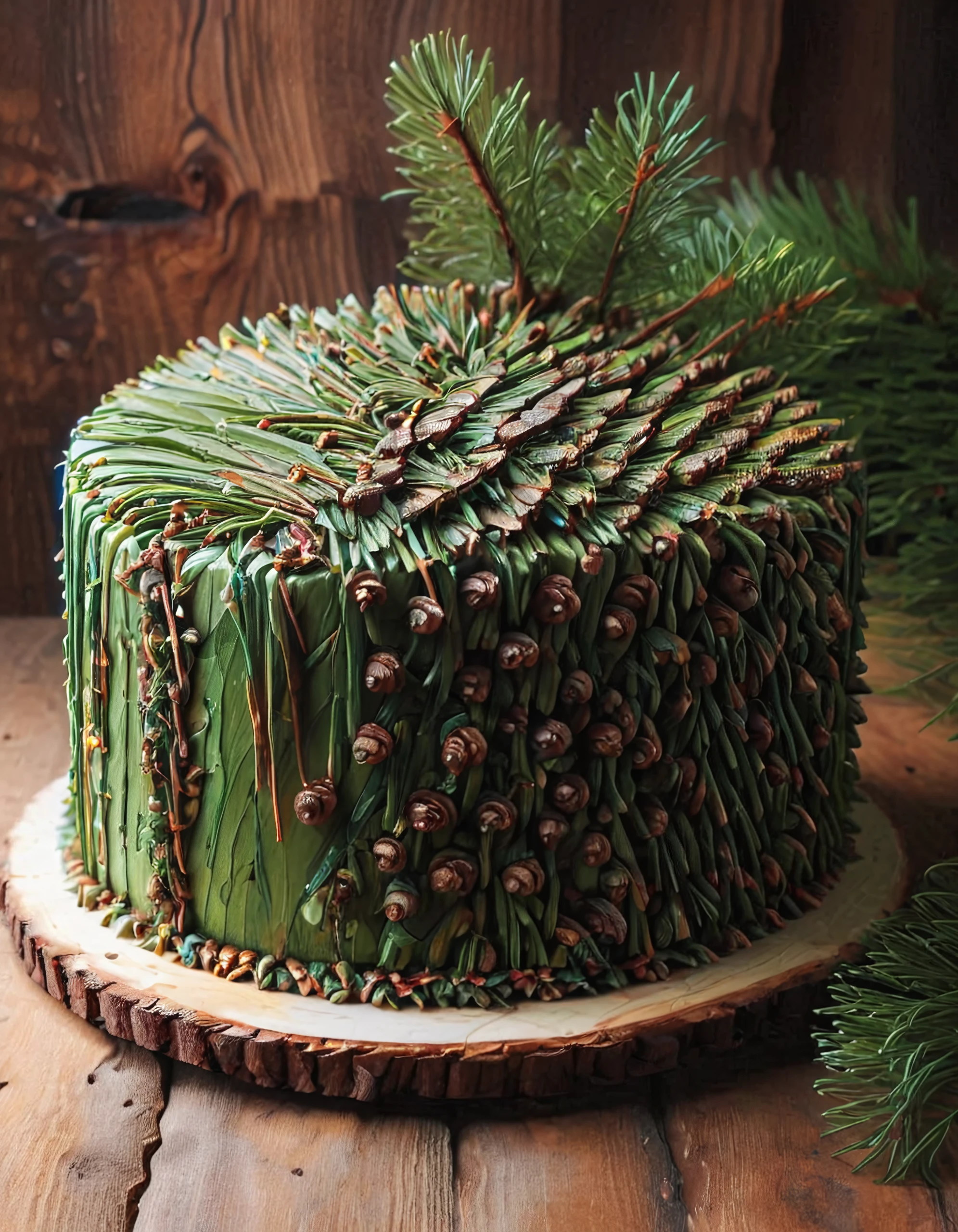 a beautiful detailed and colorful cake, the cake is multi layered and topped off with a lot of pine needeles and finished with dripping pine needle icing, the cake is already cut and a part is missing, the cake is made of pines and needles